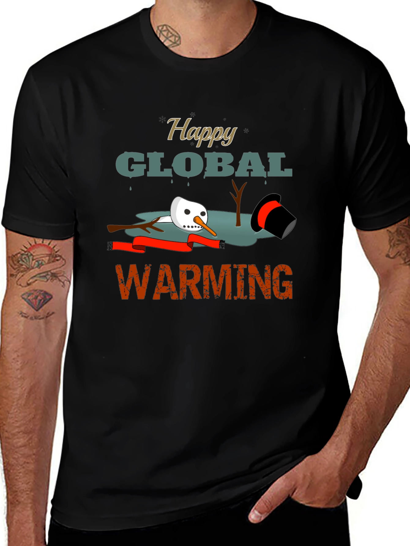 Happy Global Warming Tee - Melting Snowman Graphic