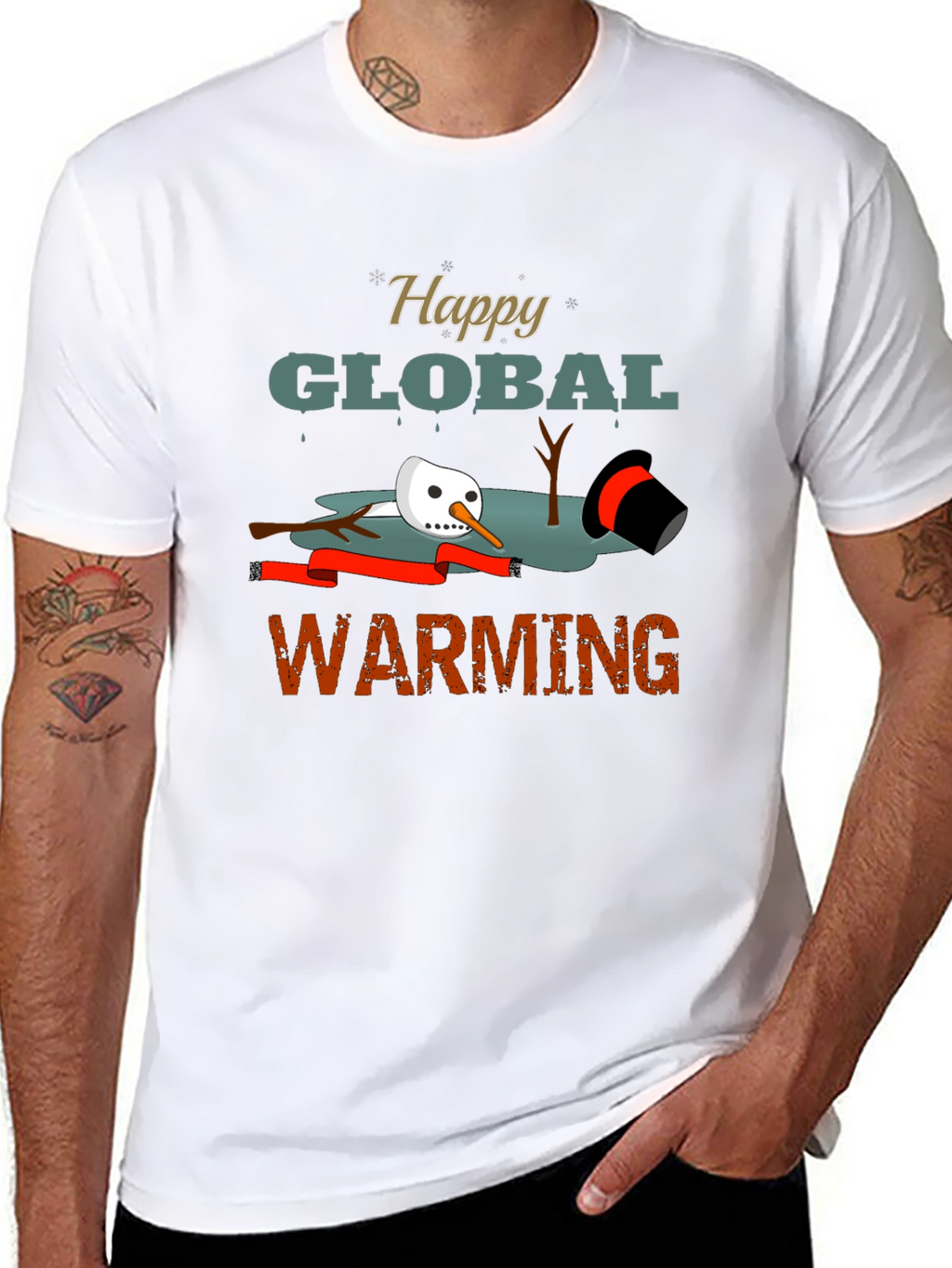 Happy Global Warming Tee - Melting Snowman Graphic