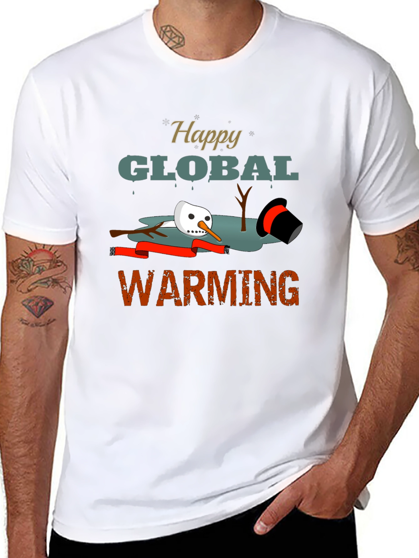 Happy Global Warming Tee - Melting Snowman Graphic