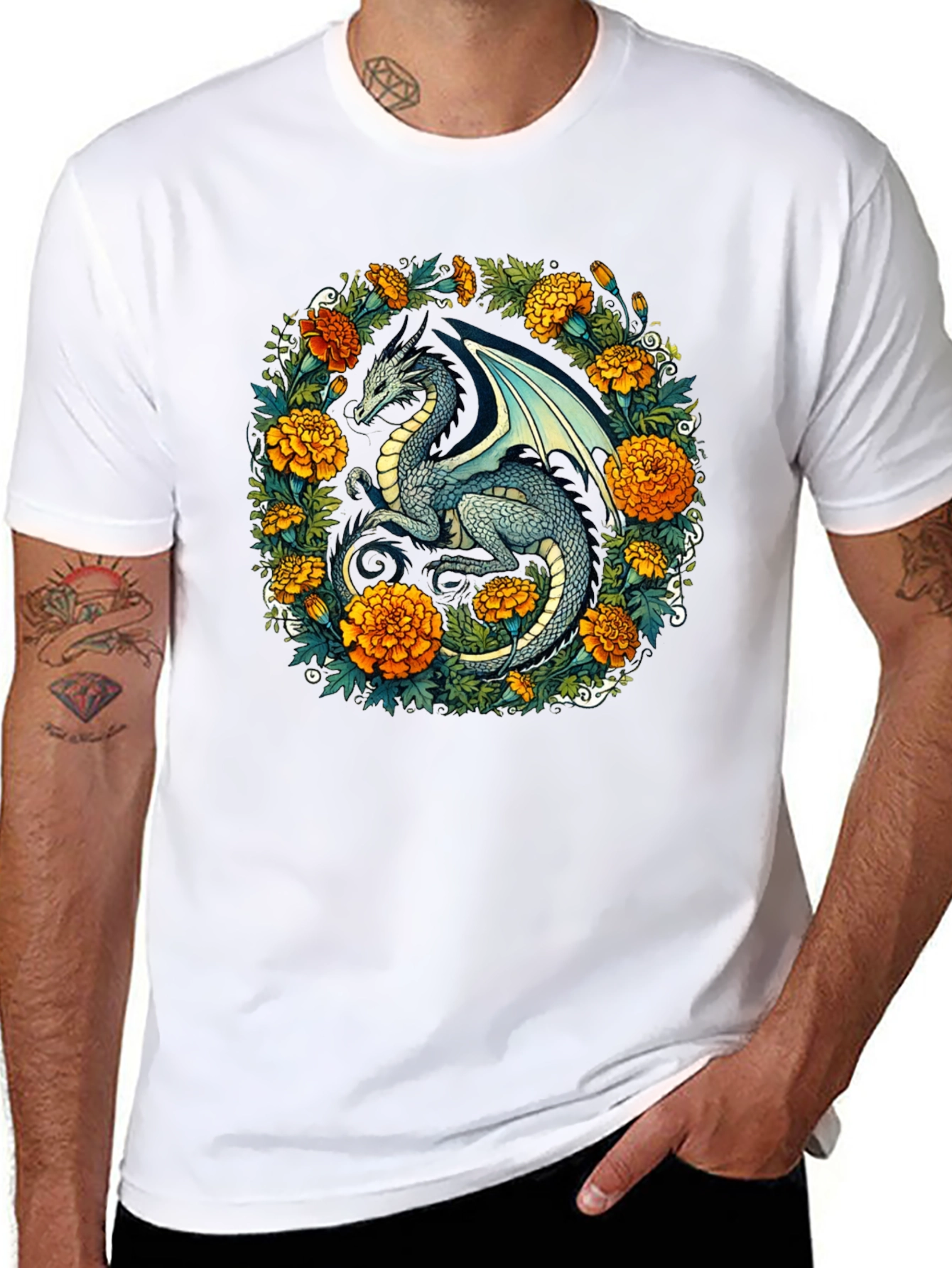 Dragon Floral T-Shirt - Fantasy Creature Graphic Tee