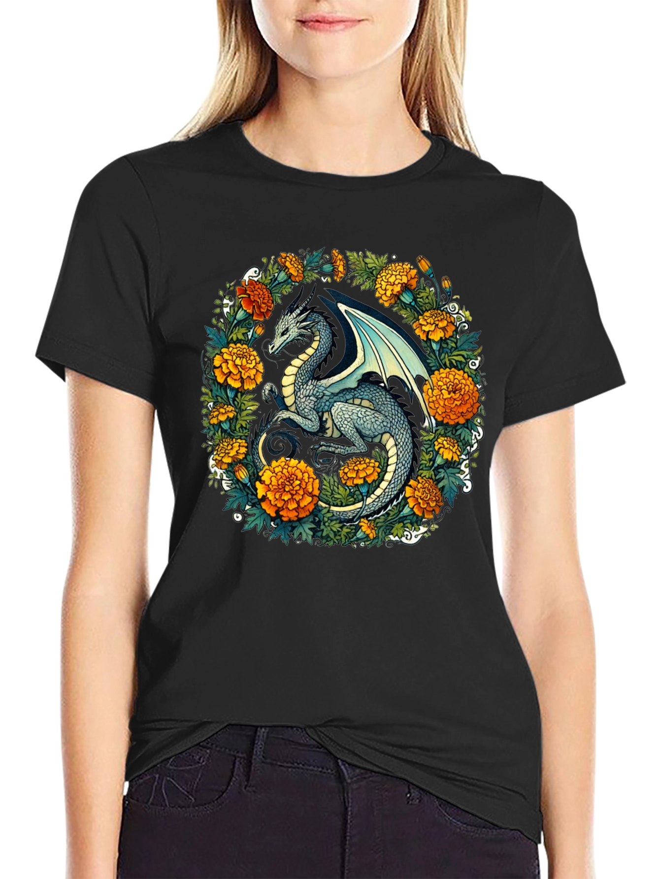 Dragon Floral T-Shirt - Fantasy Creature Graphic Tee