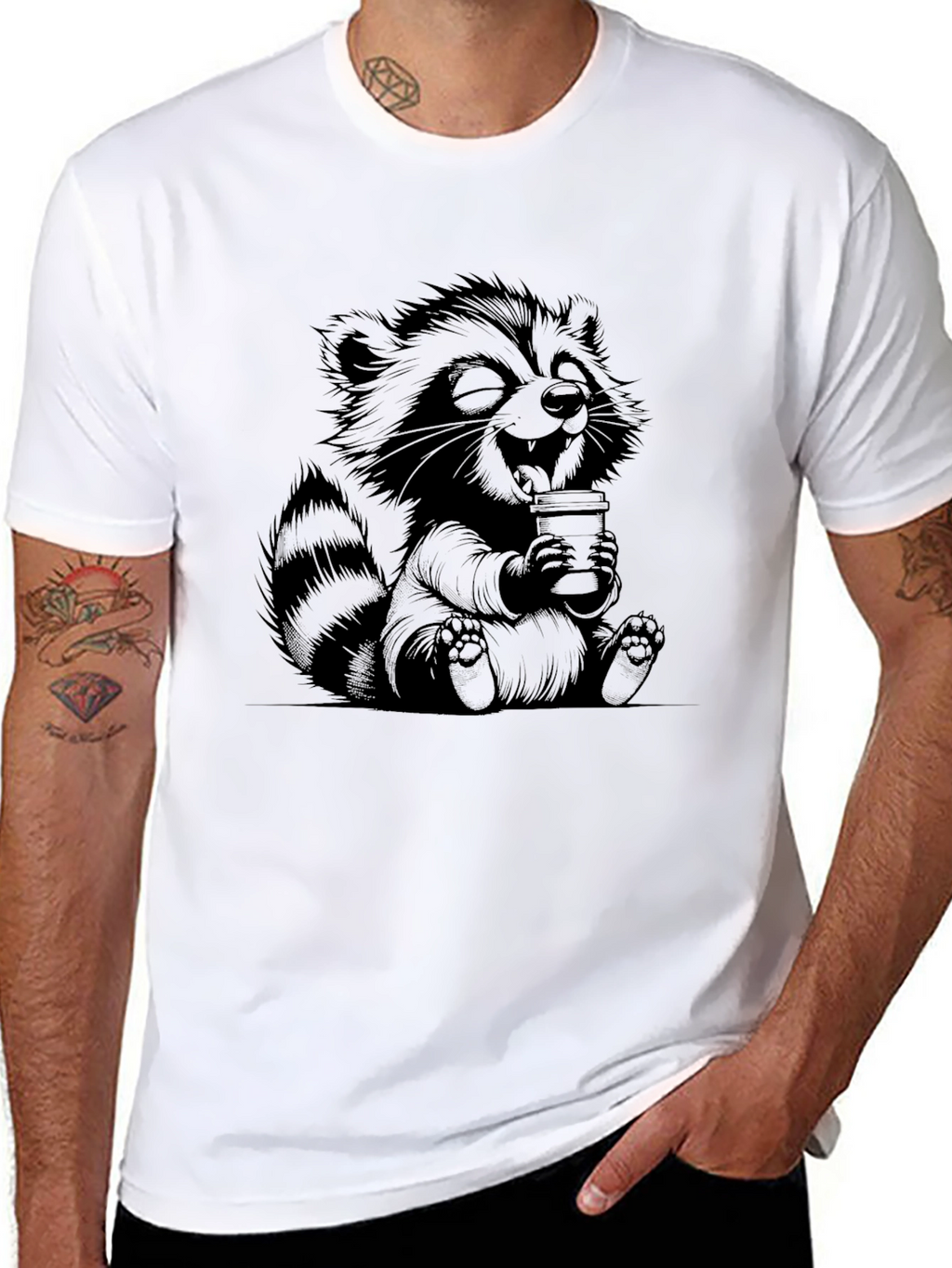 Cute Raccoon Coffee T-Shirt - Relaxed Fit