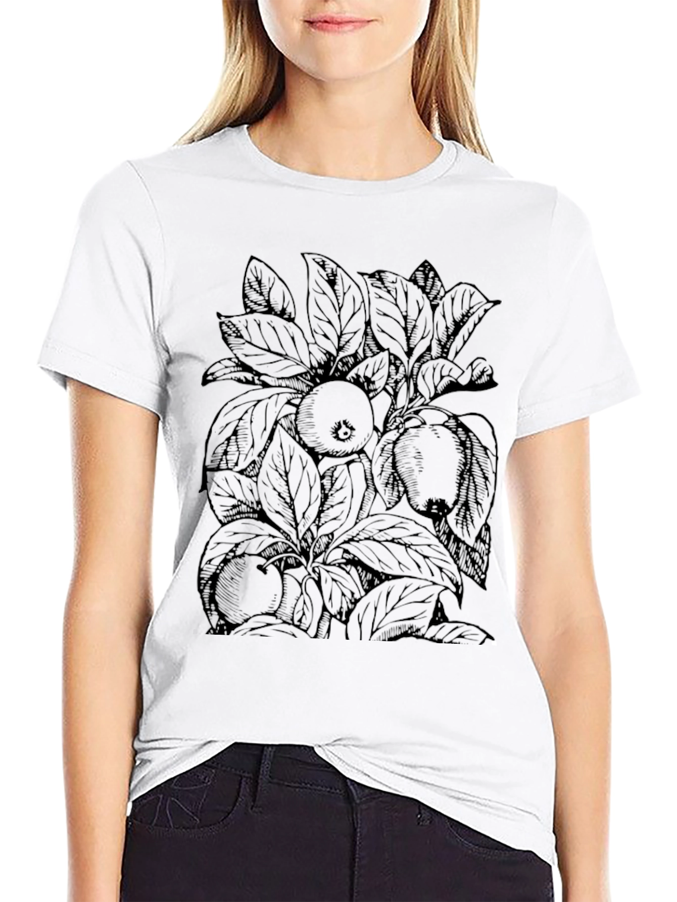 Black T-Shirt with Fruit and Leaf Design