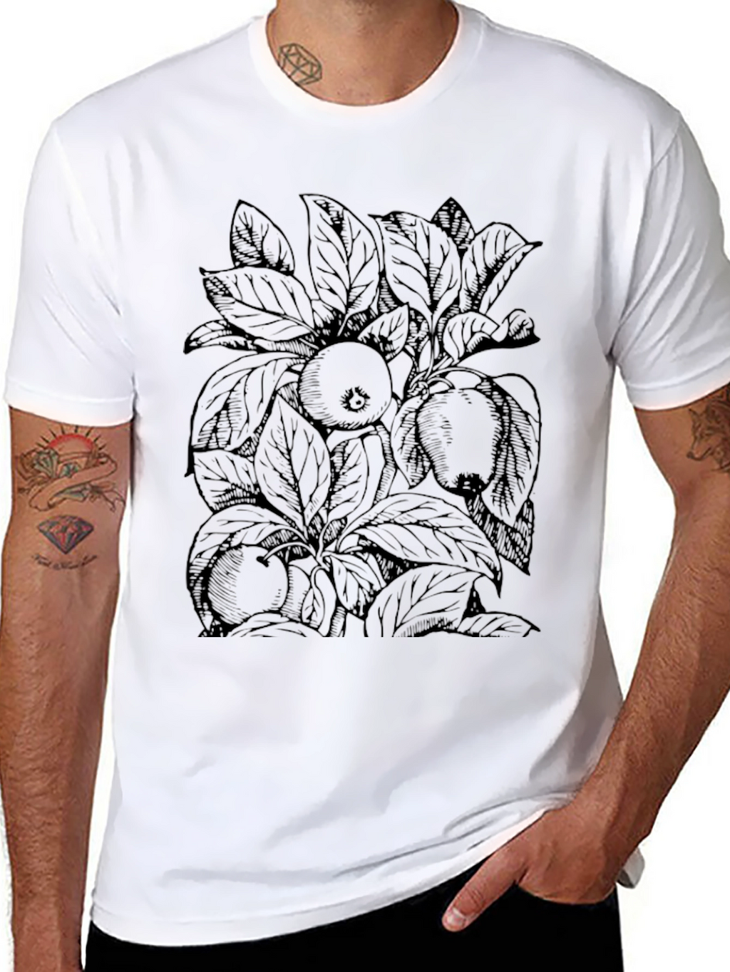 Black T-Shirt with Fruit and Leaf Design