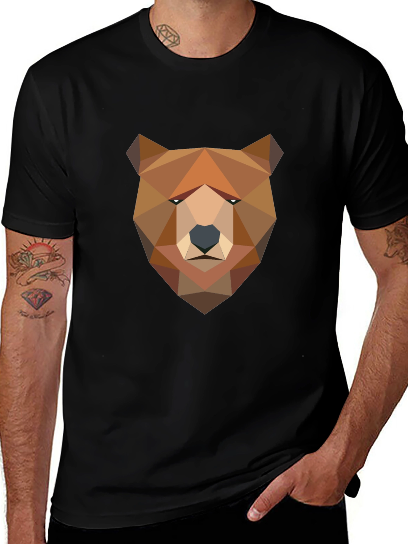 Geometric Bear Graphic Tee - Modern Mens Black T-Shirt