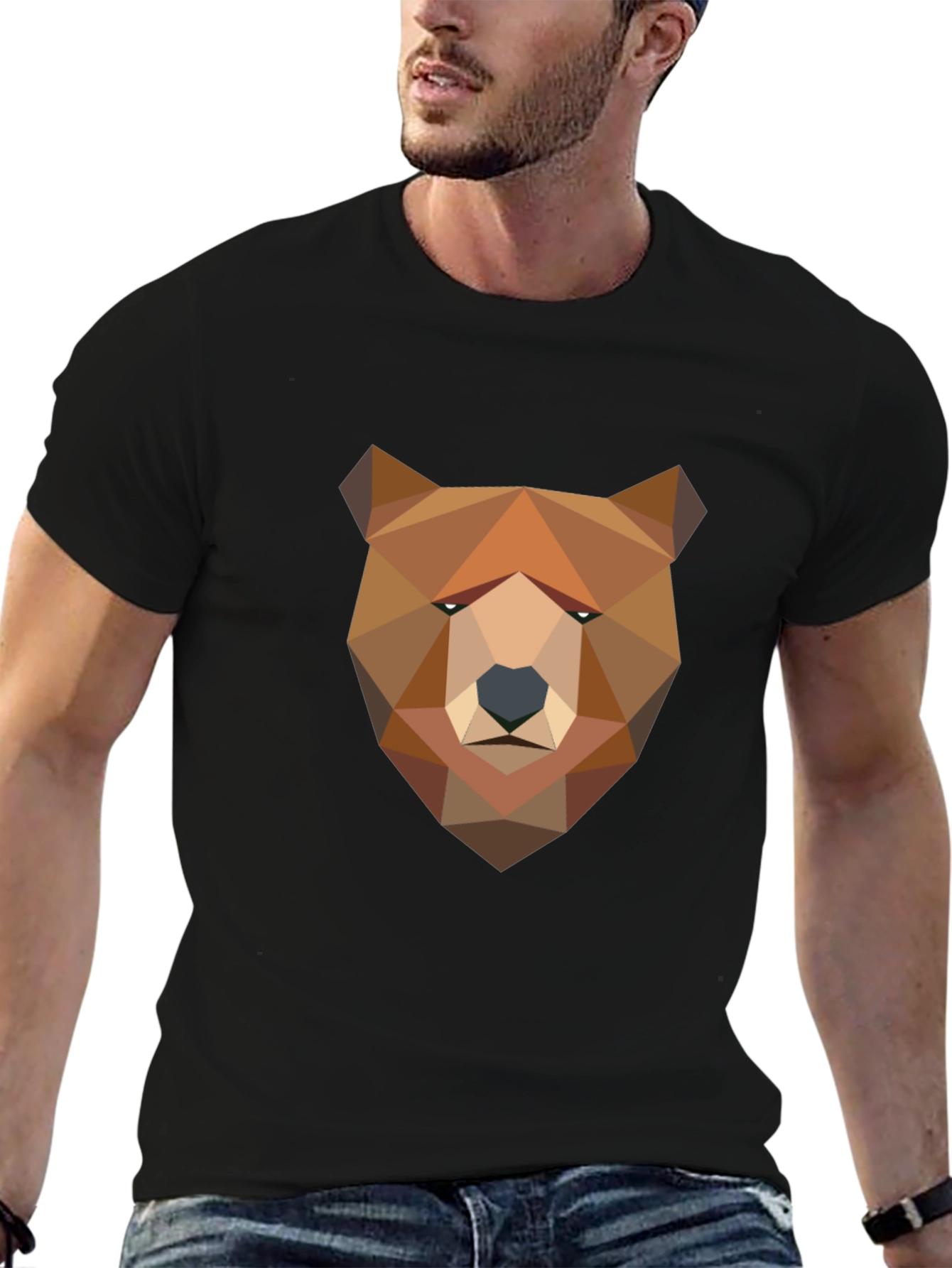 Geometric Bear Graphic Tee - Modern Mens Black T-Shirt