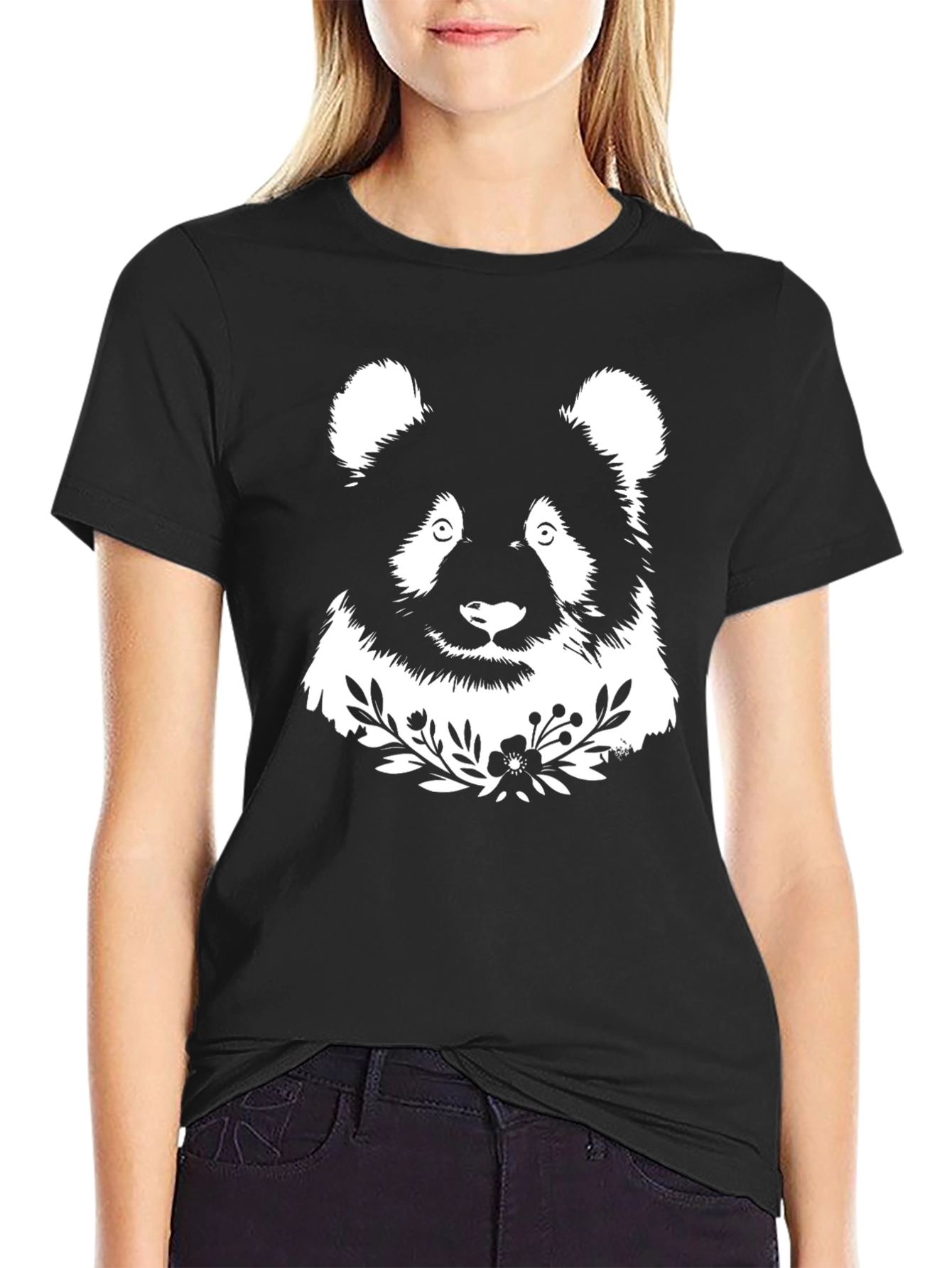Panda Bear Floral T-Shirt - Black Cotton Graphic Tee