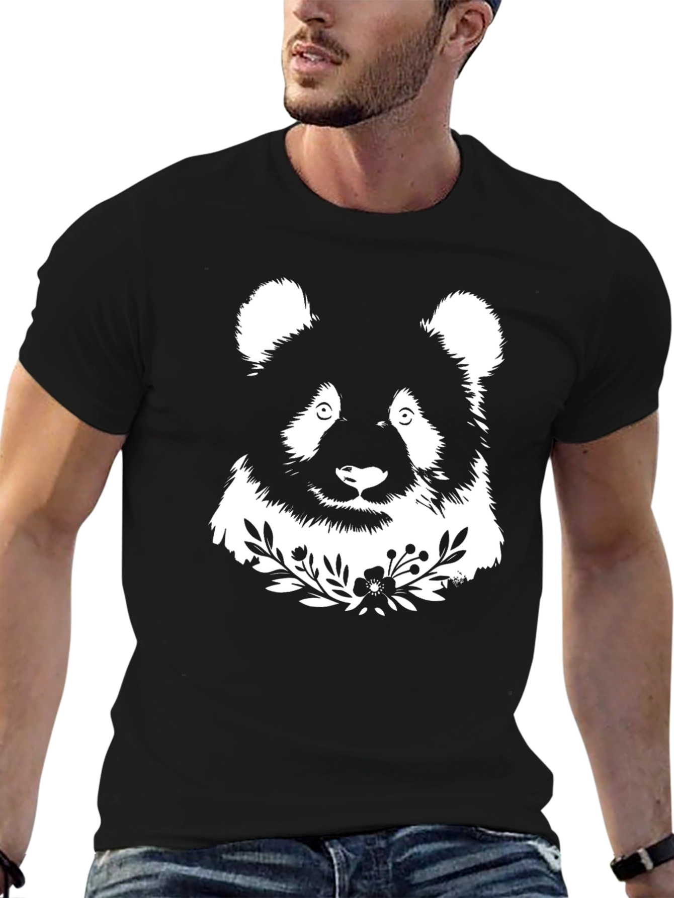 Panda Bear Floral T-Shirt - Black Cotton Graphic Tee