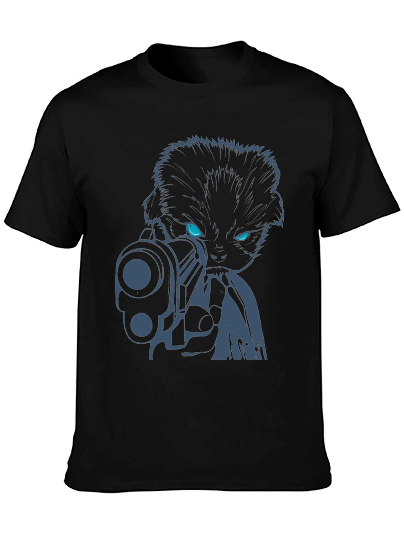 Cool Cat with Gun Graphic Tee - Black Cotton T-Shirt