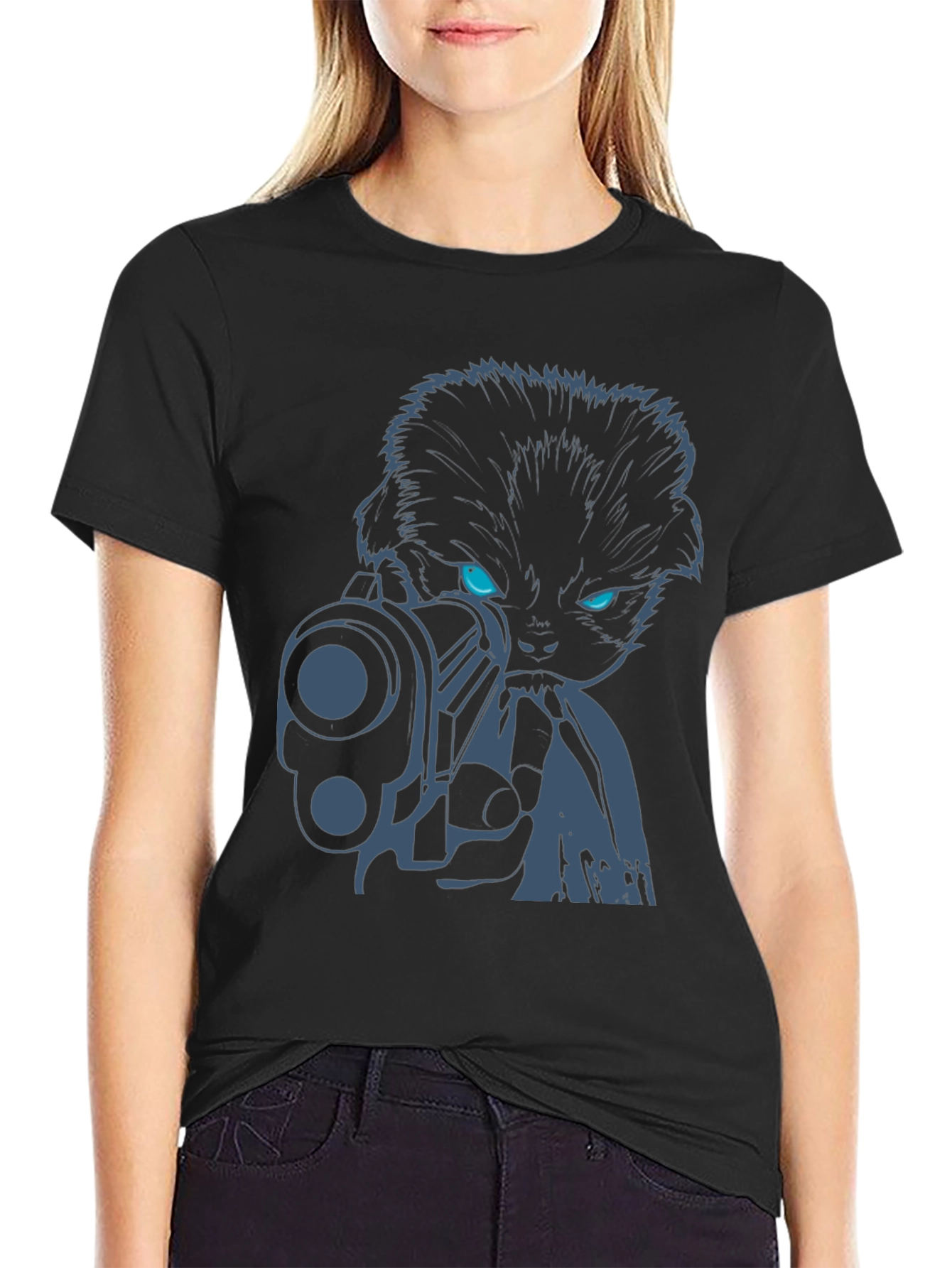 Cool Cat with Gun Graphic Tee - Black Cotton T-Shirt