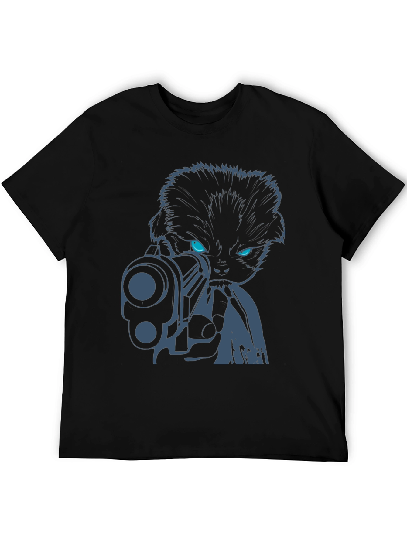 Cool Cat with Gun Graphic Tee - Black Cotton T-Shirt