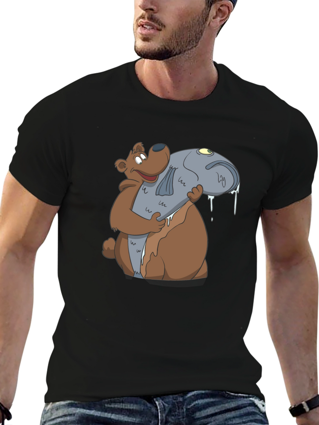 Bear Hugging Fish Graphic T-Shirt