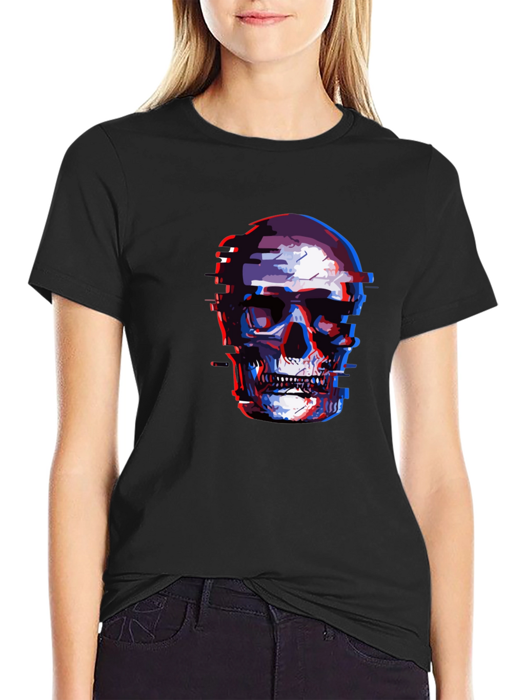 Glitch Skull Graphic Tee - Black Cotton T-Shirt