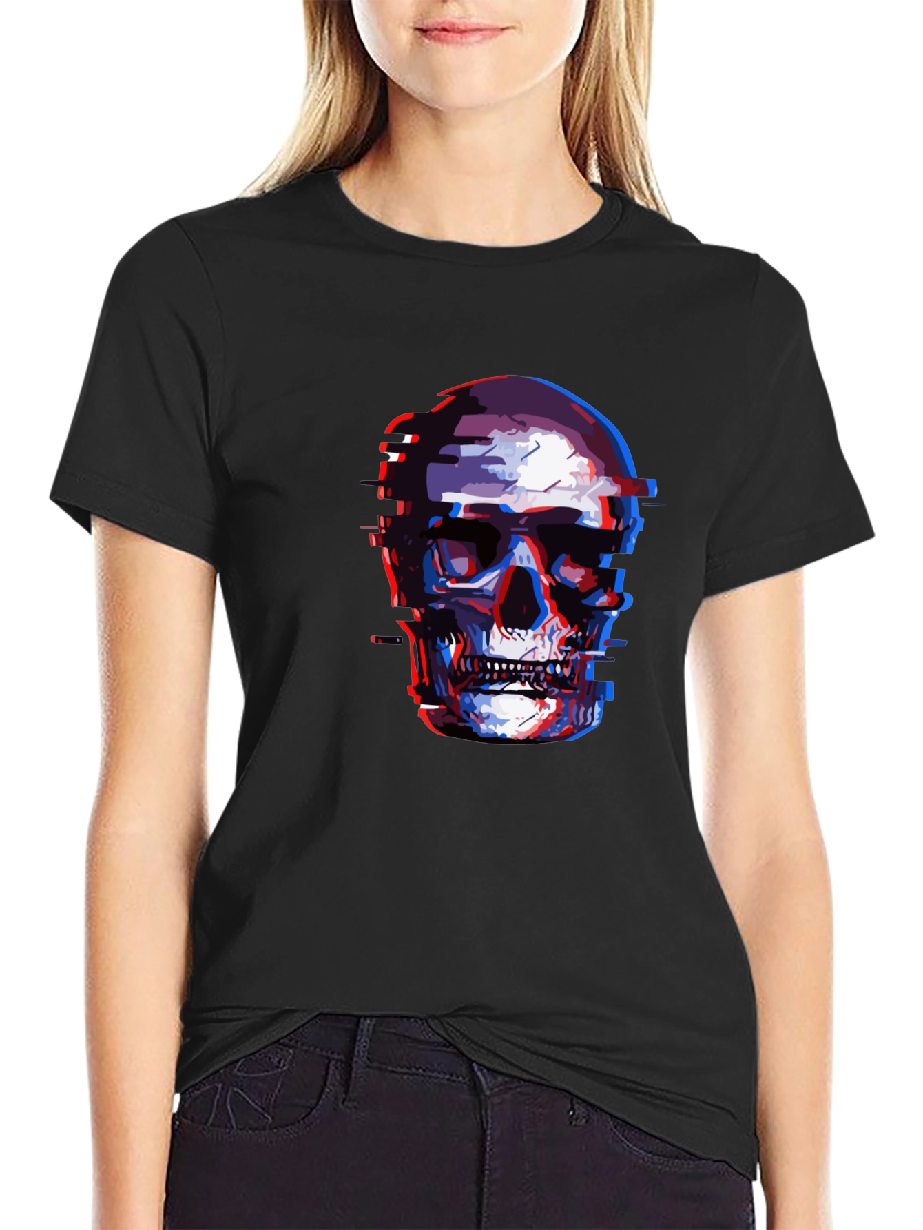 Glitch Skull Graphic Tee - Black Cotton T-Shirt