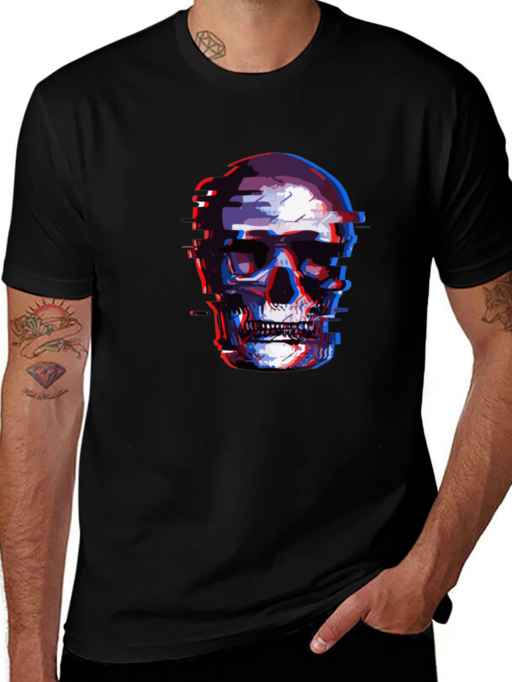 Glitch Skull Graphic Tee - Black Cotton T-Shirt