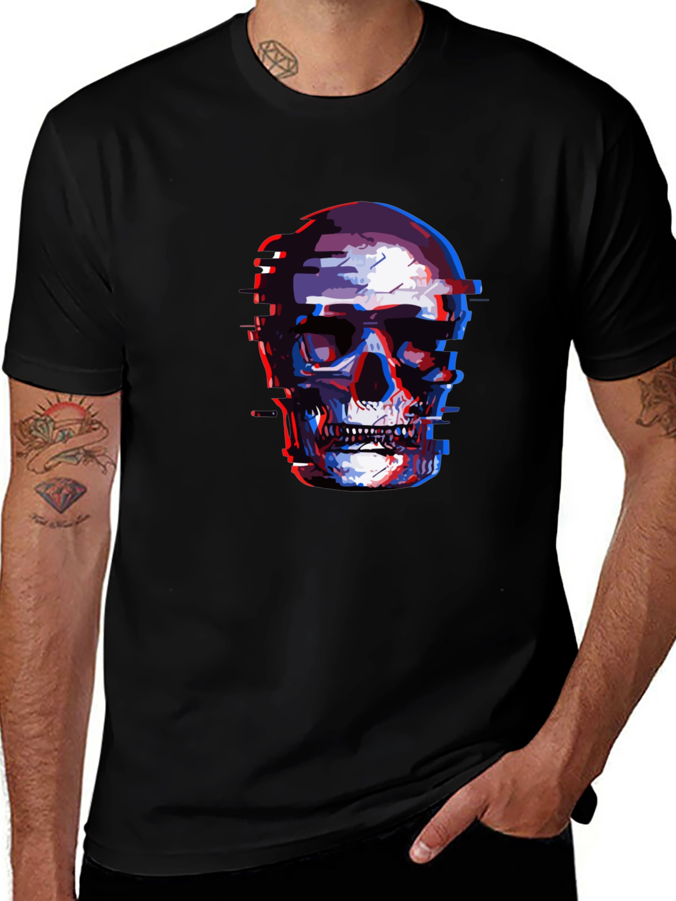 Glitch Skull Graphic Tee - Black Cotton T-Shirt