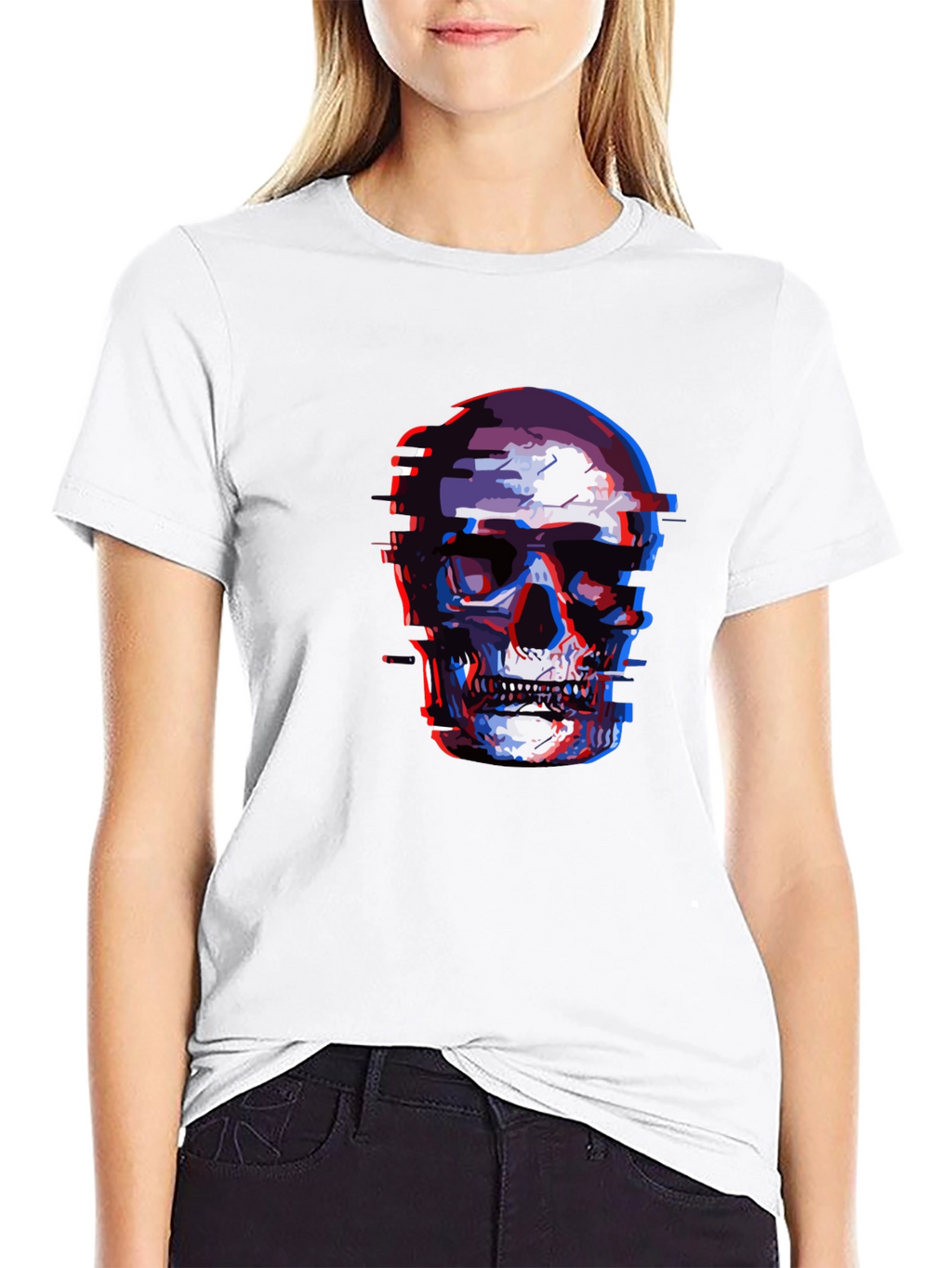 Glitch Skull Graphic Tee - Black Cotton T-Shirt