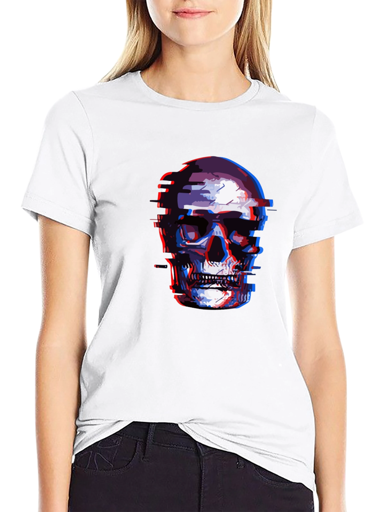 Glitch Skull Graphic Tee - Black Cotton T-Shirt