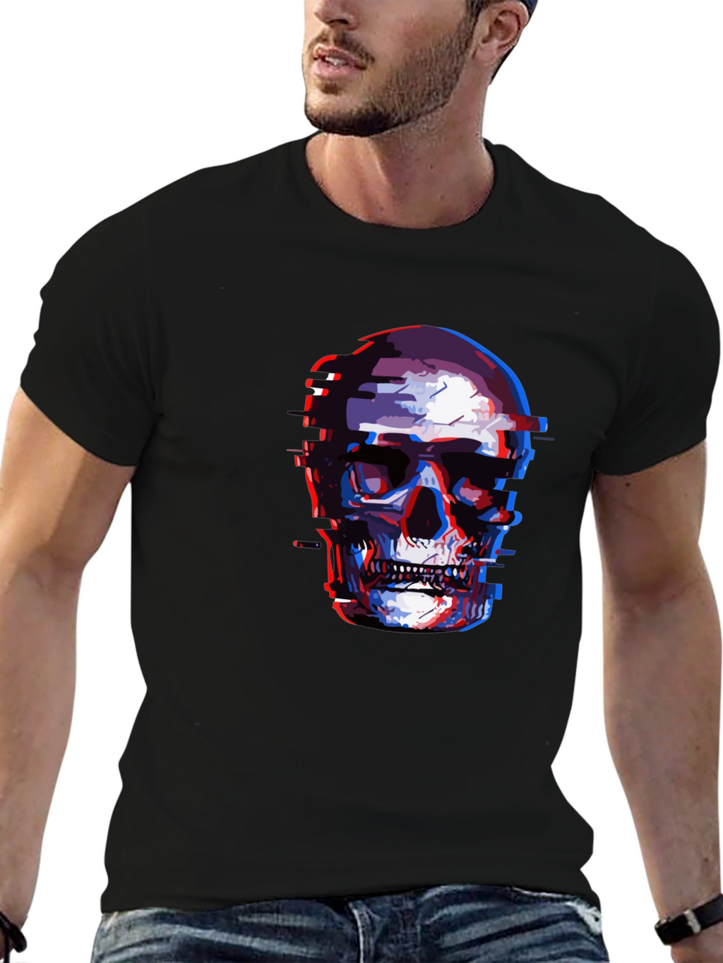 Glitch Skull Graphic Tee - Black Cotton T-Shirt