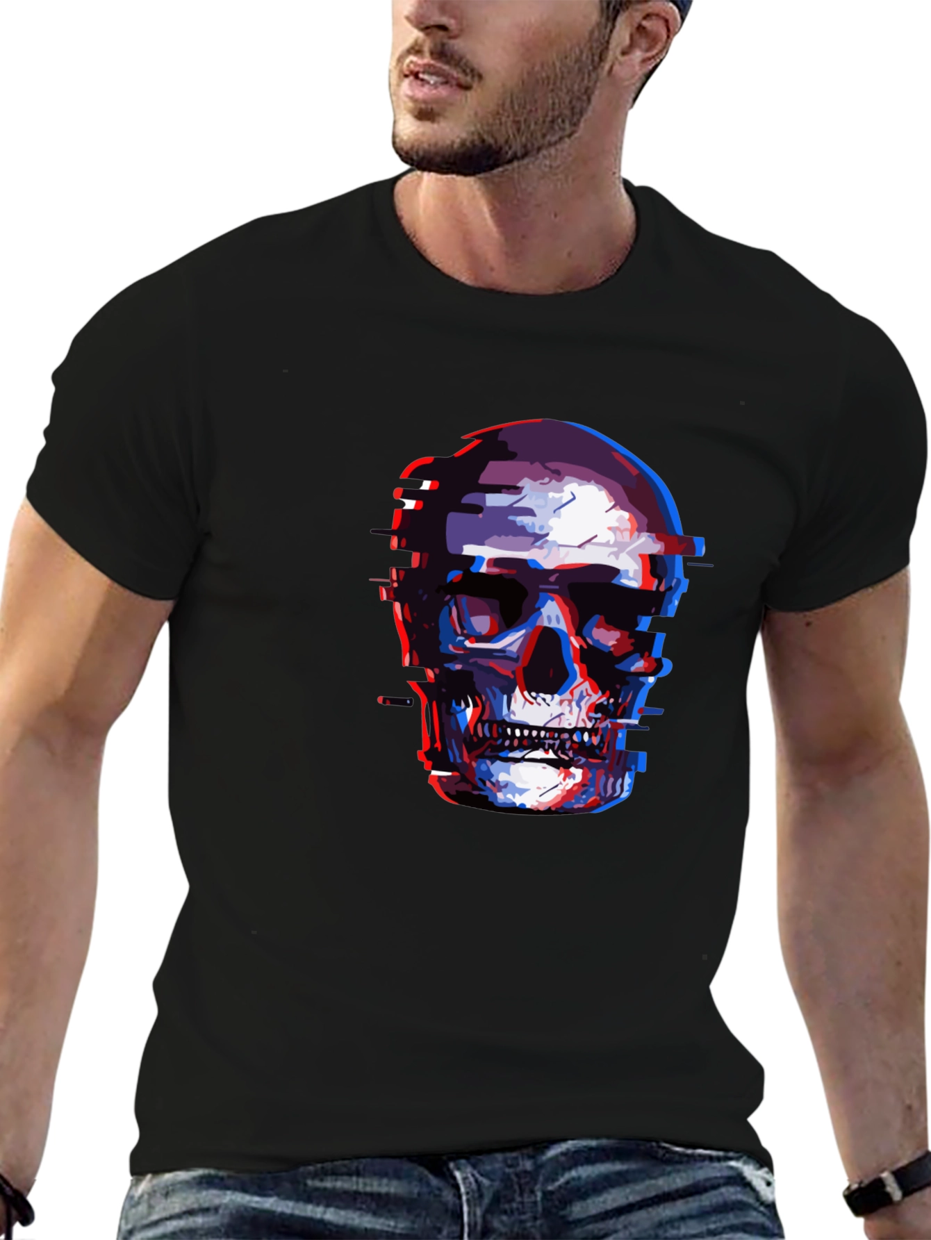 Glitch Skull Graphic Tee - Black Cotton T-Shirt