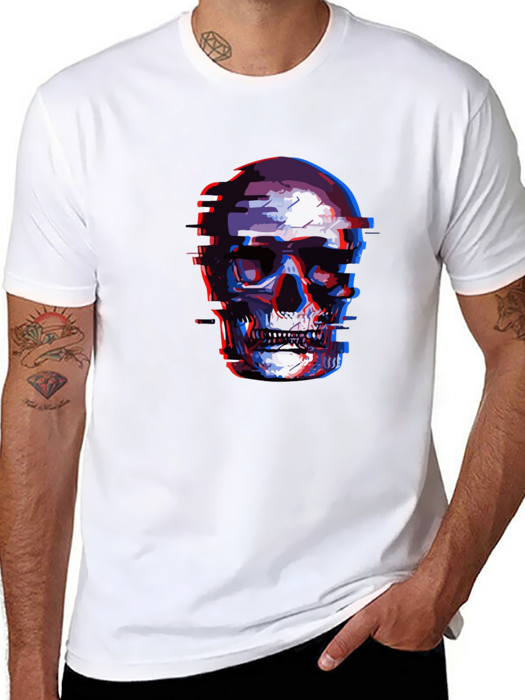 Glitch Skull Graphic Tee - Black Cotton T-Shirt