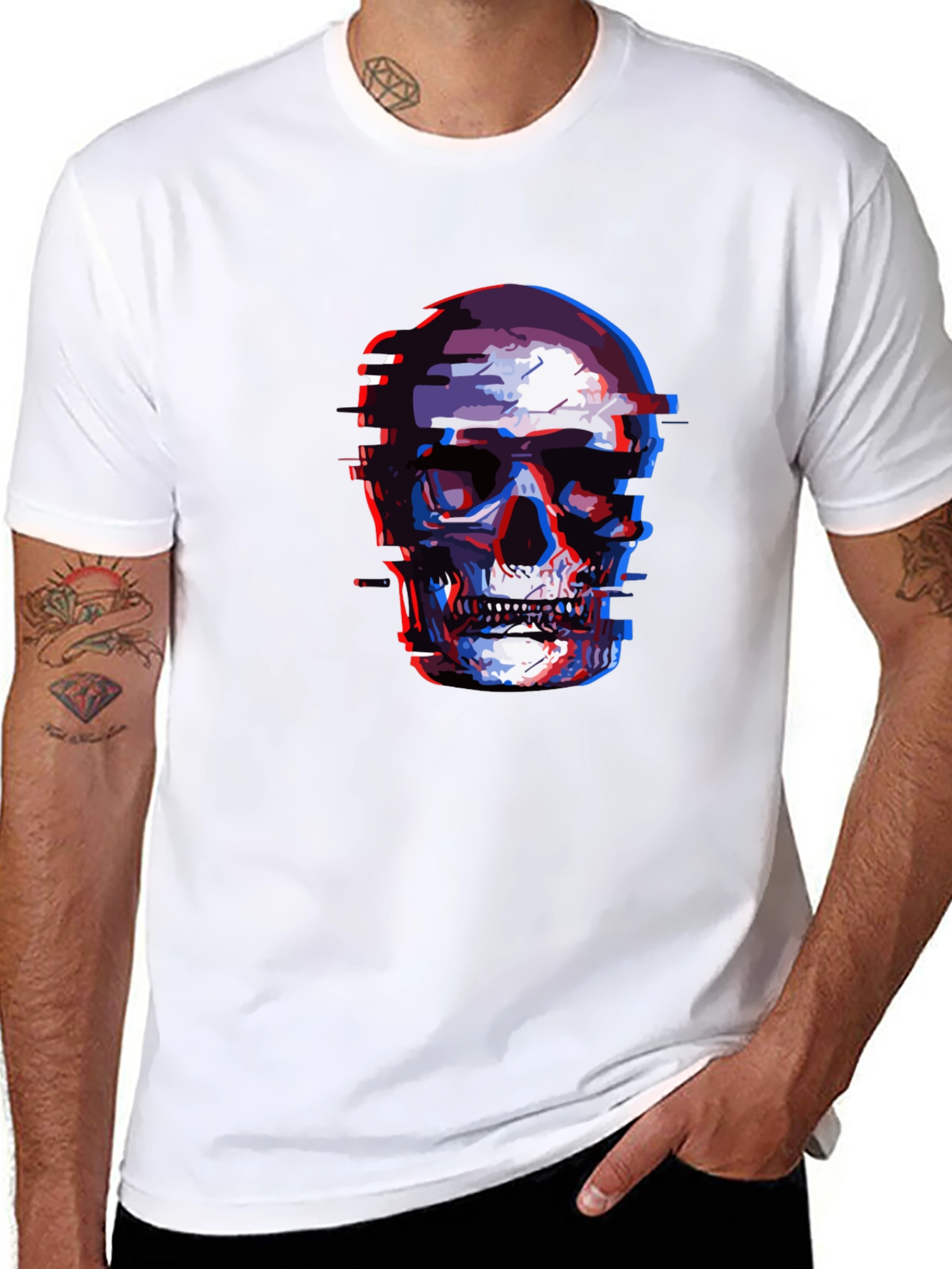 Glitch Skull Graphic Tee - Black Cotton T-Shirt