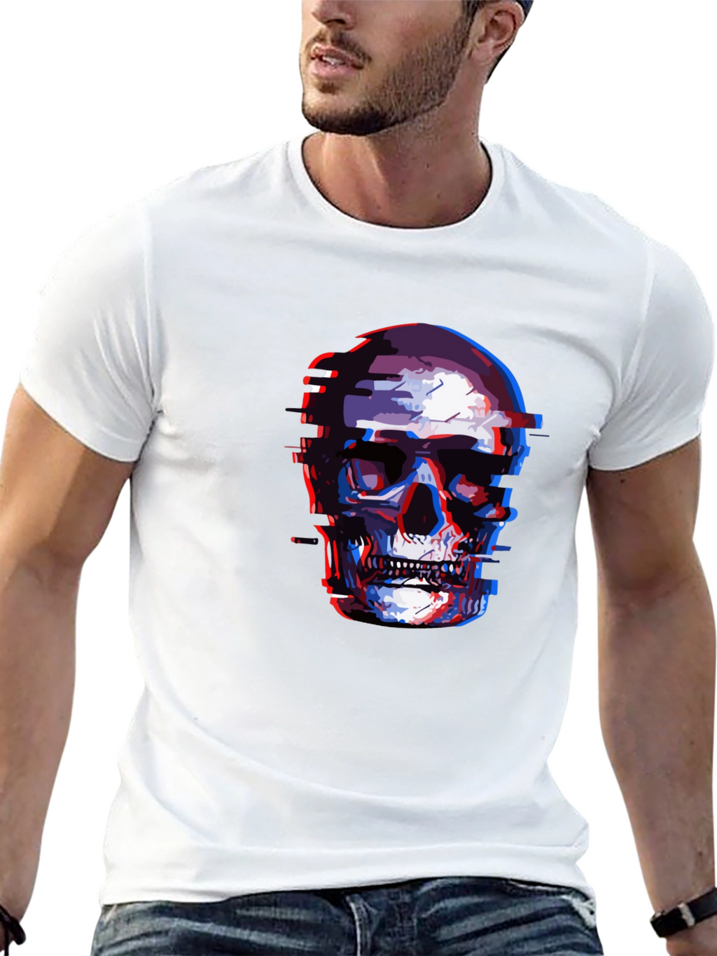 Glitch Skull Graphic Tee - Black Cotton T-Shirt