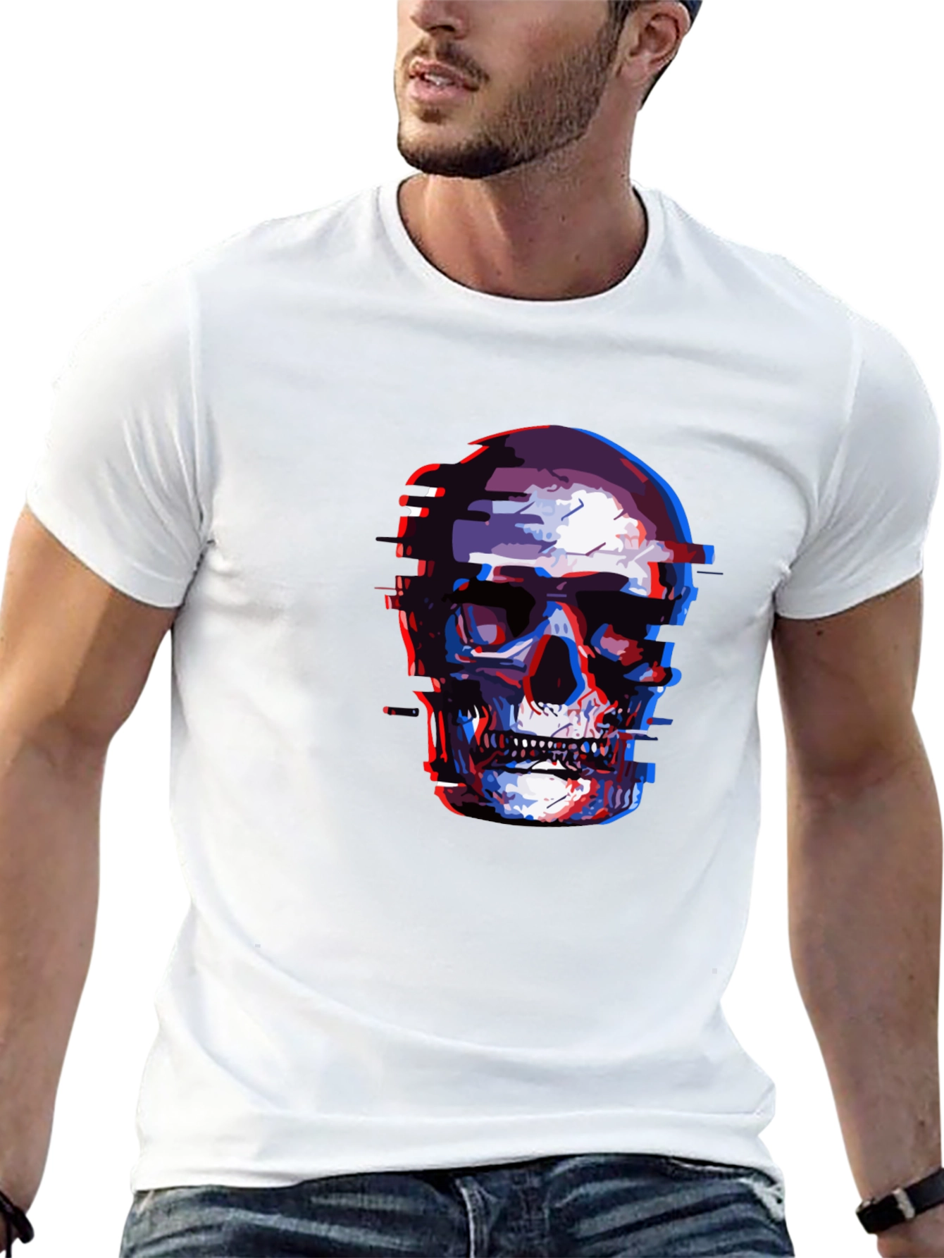 Glitch Skull Graphic Tee - Black Cotton T-Shirt