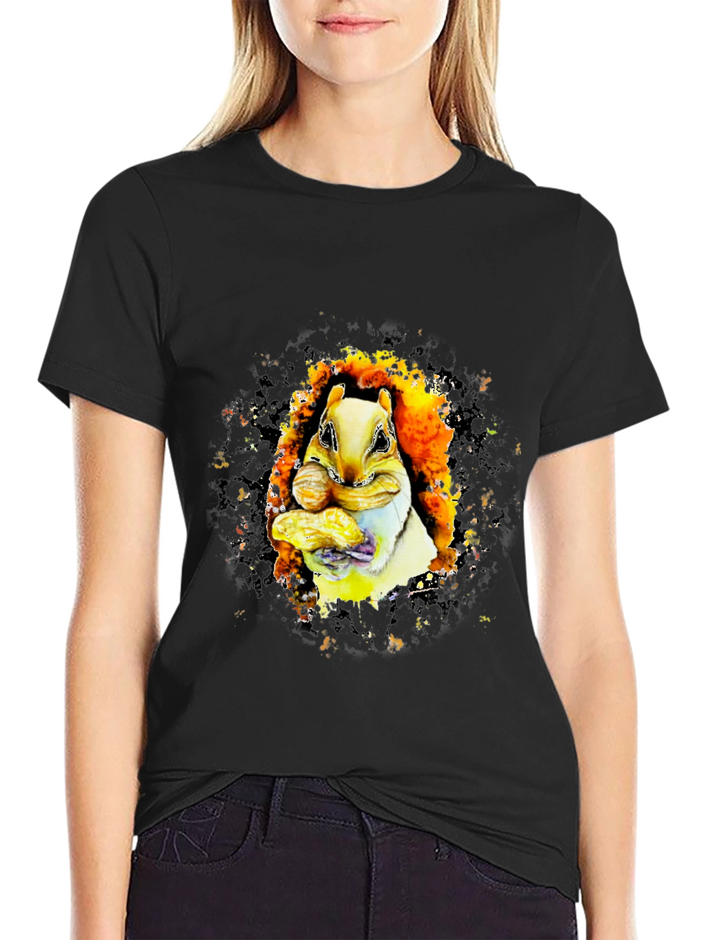 Squirrel Eating Peanuts Graphic T-Shirt - Black