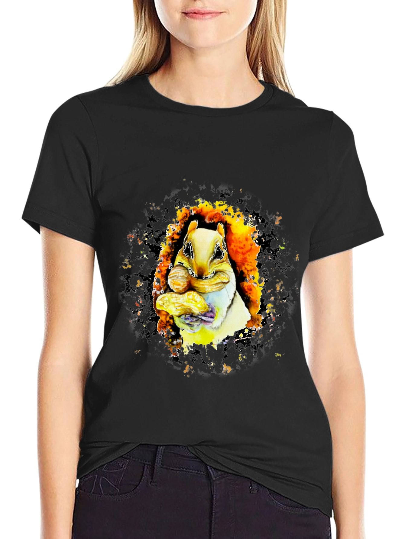 Squirrel Eating Peanuts Graphic T-Shirt - Black