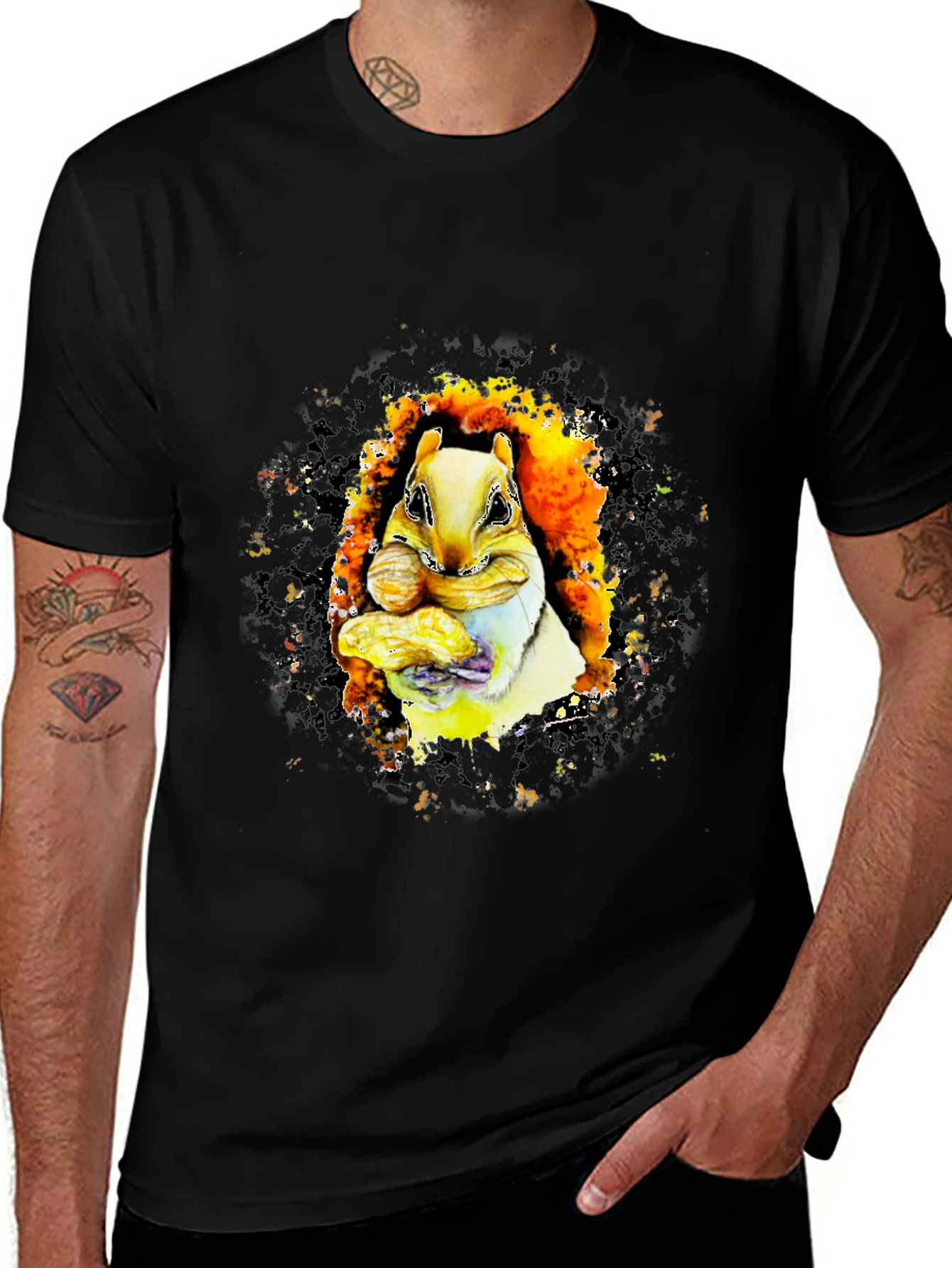Squirrel Eating Peanuts Graphic T-Shirt - Black
