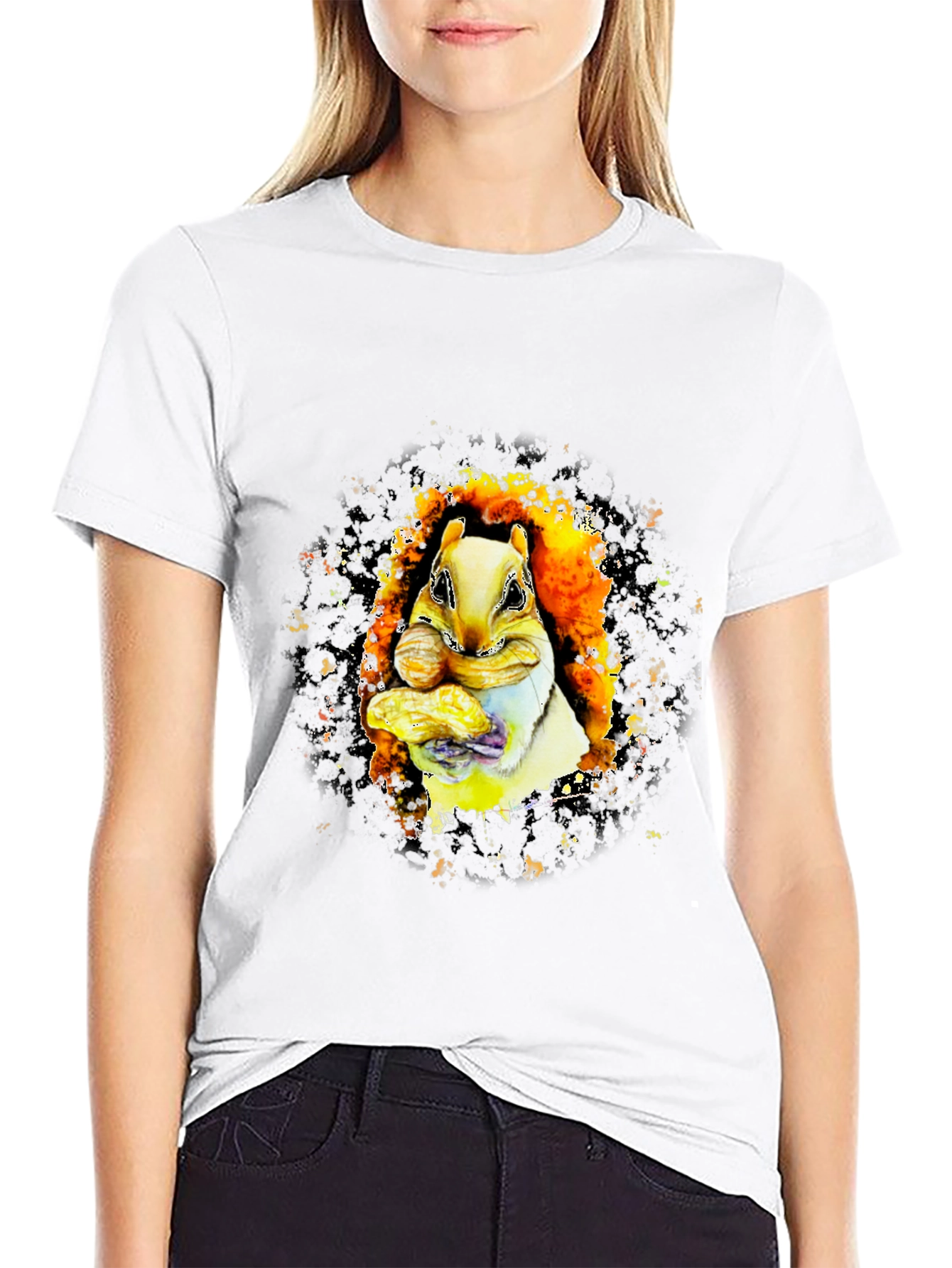 Squirrel Eating Peanuts Graphic T-Shirt - Black