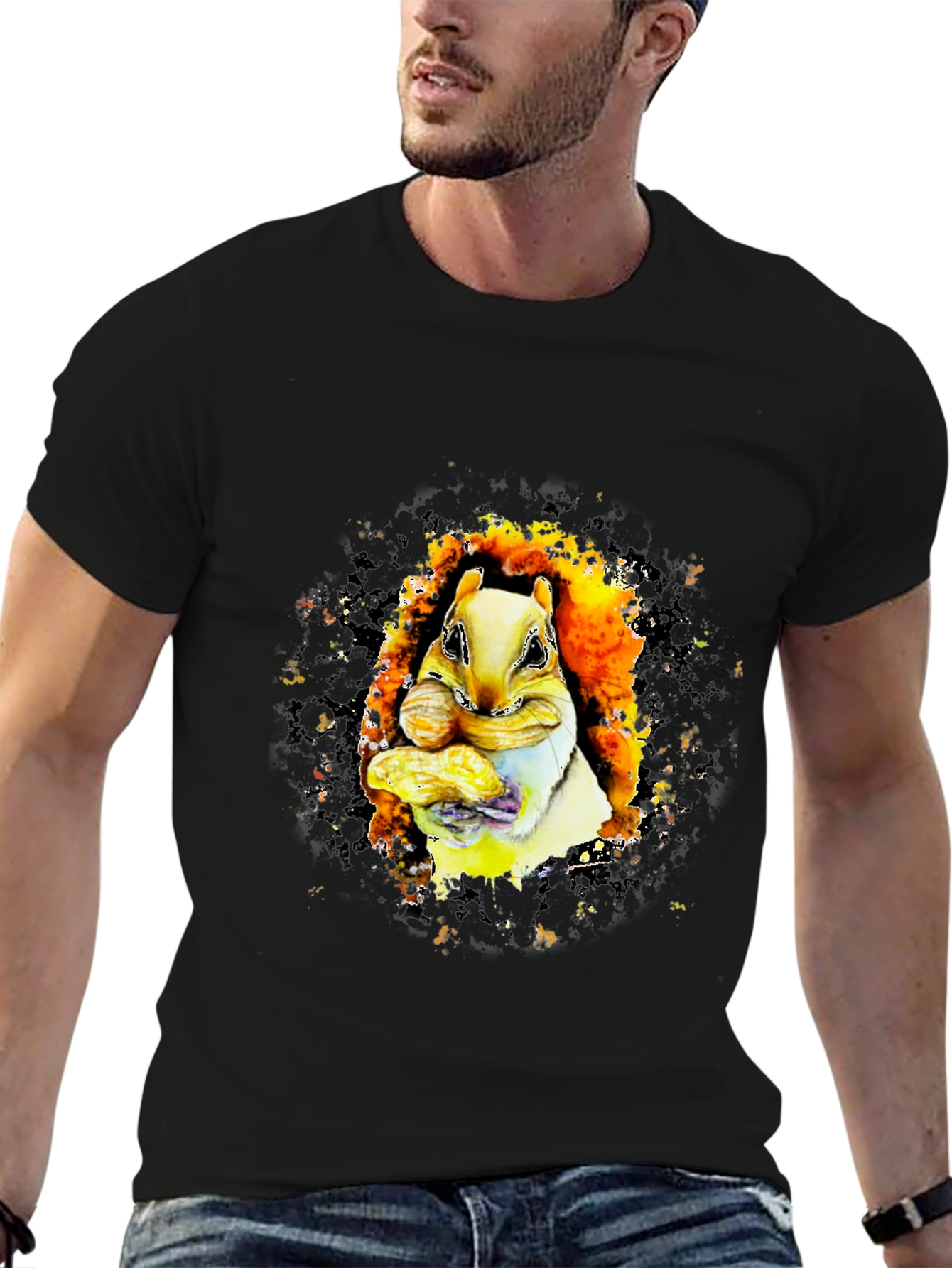 Squirrel Eating Peanuts Graphic T-Shirt - Black