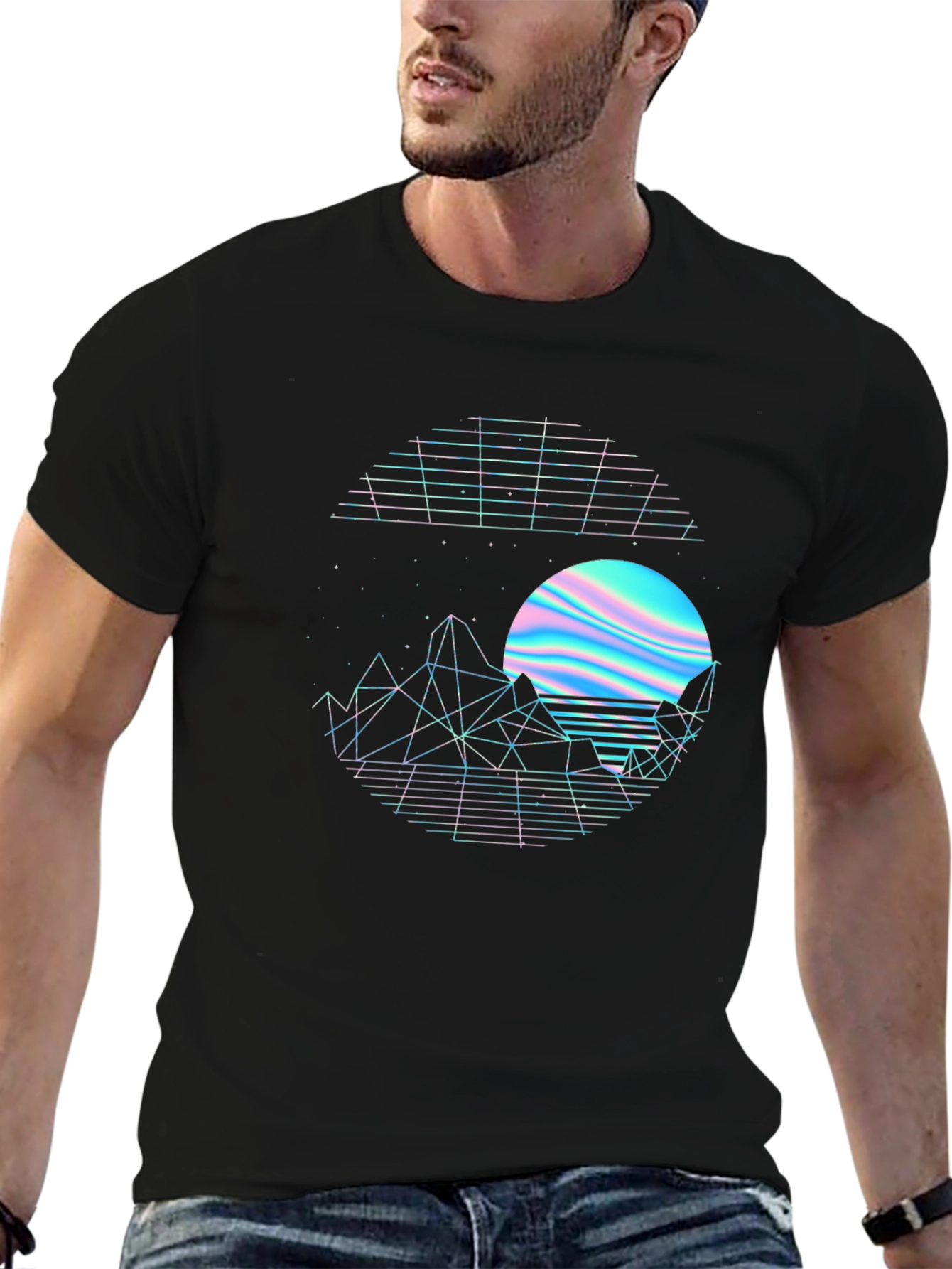 Retro Sunset Graphic Tee - Black Crew Neck Shirt