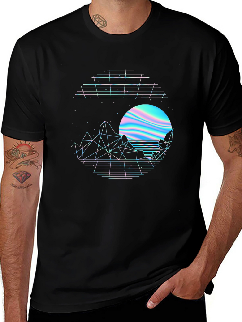 Retro Sunset Graphic Tee - Black Crew Neck Shirt