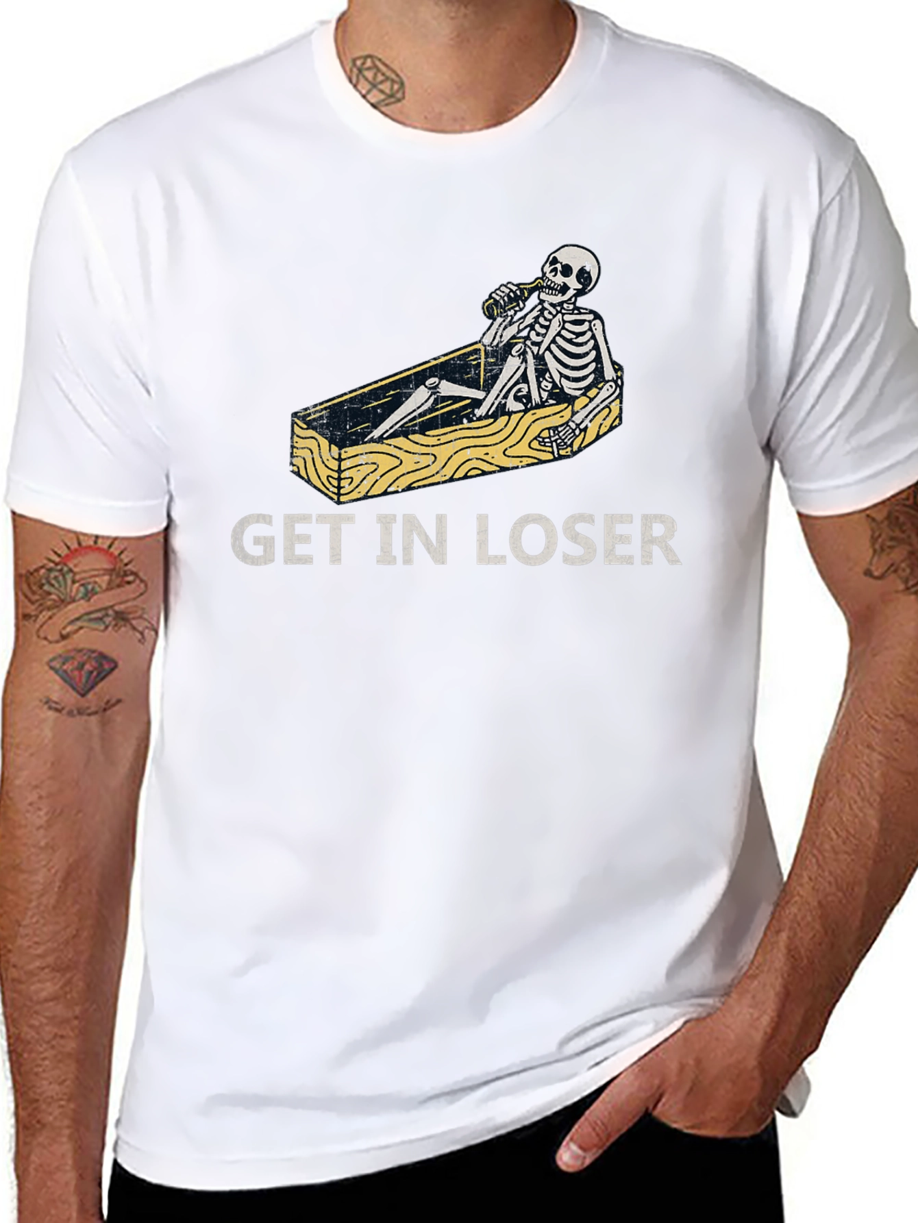Get in Loser T-Shirt Funny Skeleton Coffin Tee