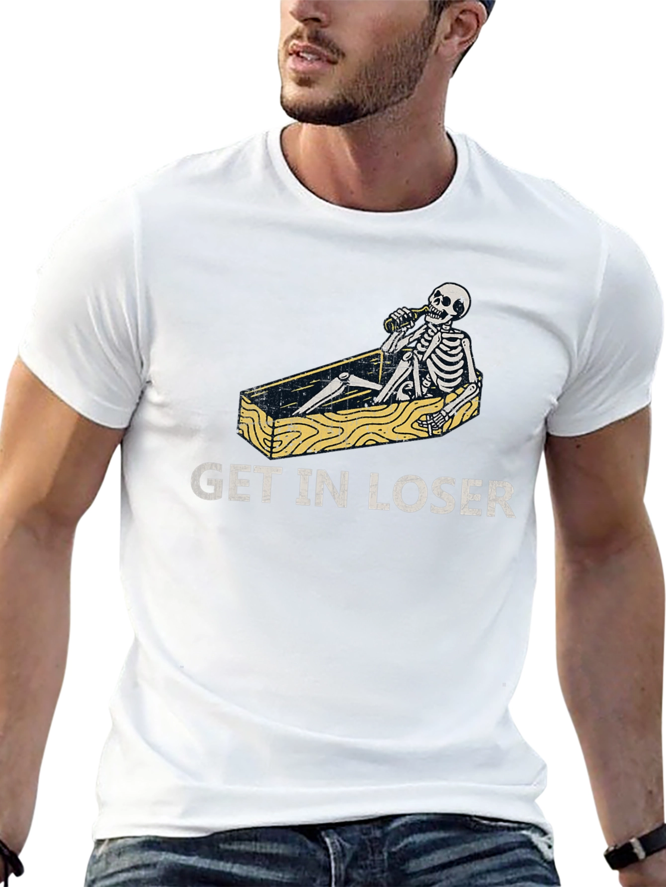 Get in Loser T-Shirt Funny Skeleton Coffin Tee