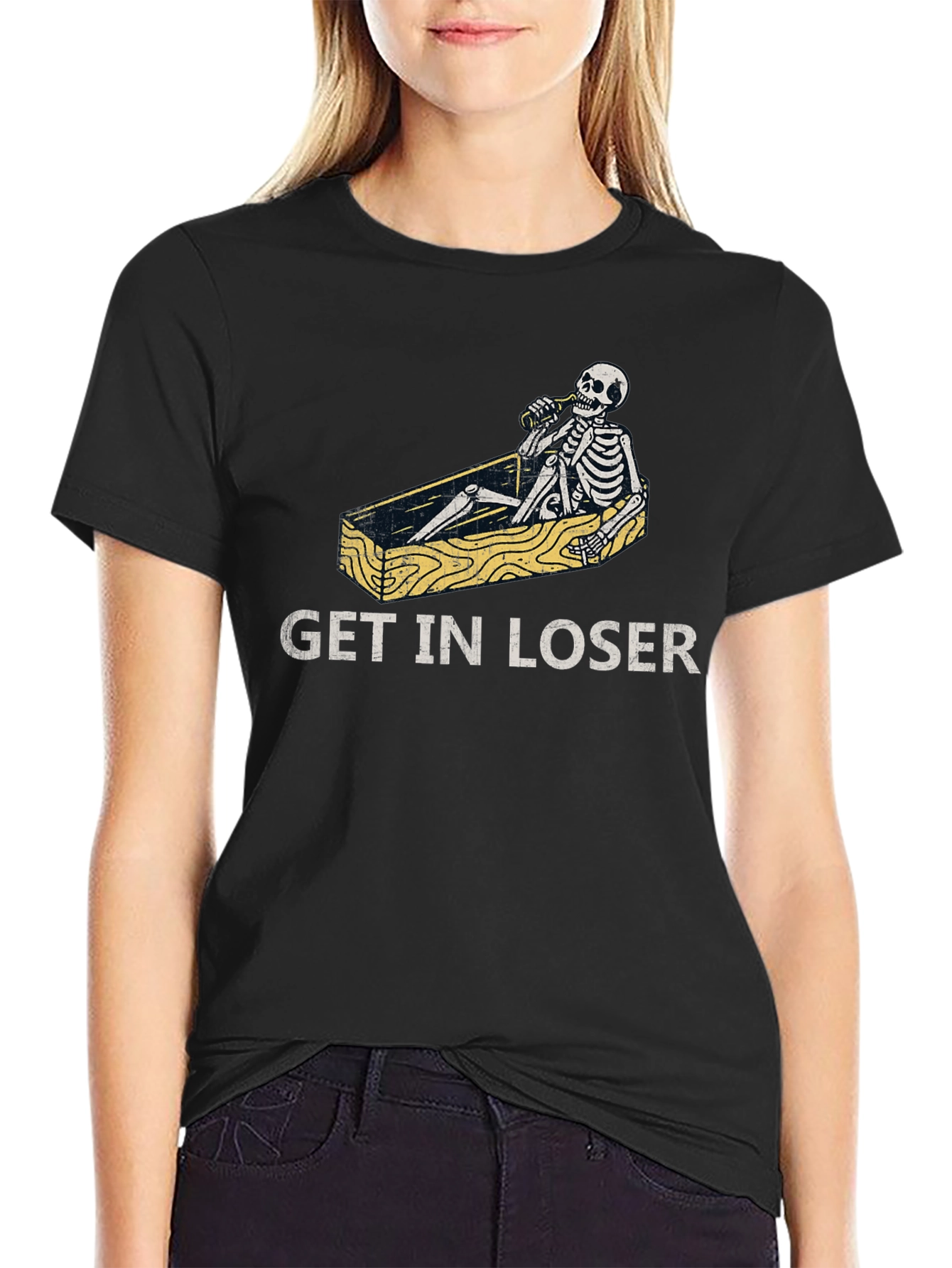 Get in Loser T-Shirt Funny Skeleton Coffin Tee