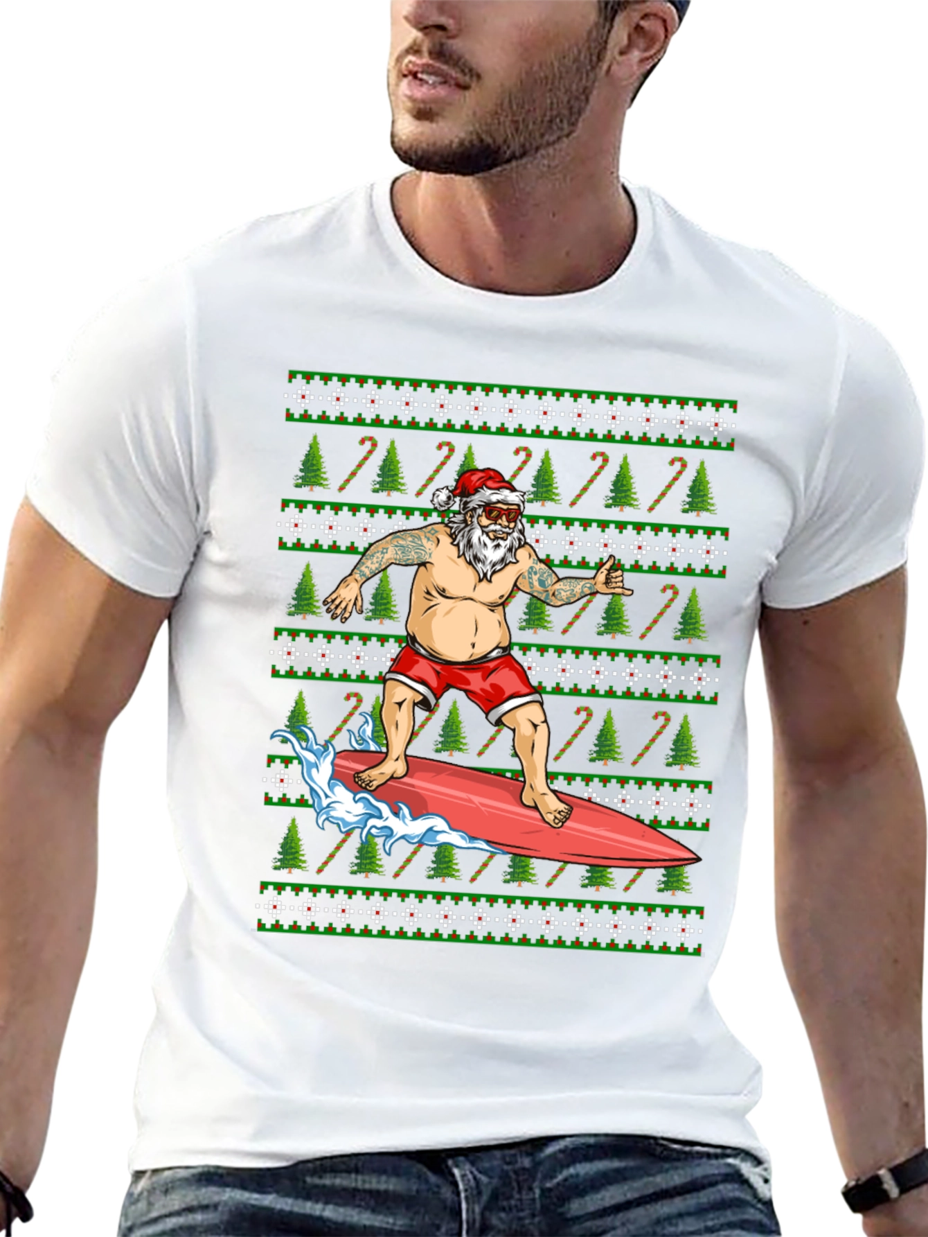 Surfing Santa T-Shirt - Christmas Holiday Tee