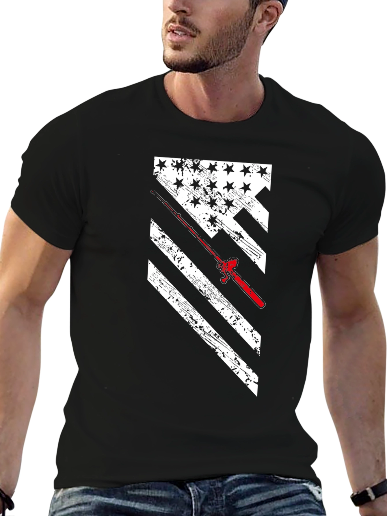 Fishing Rod American Flag Graphic T-Shirt