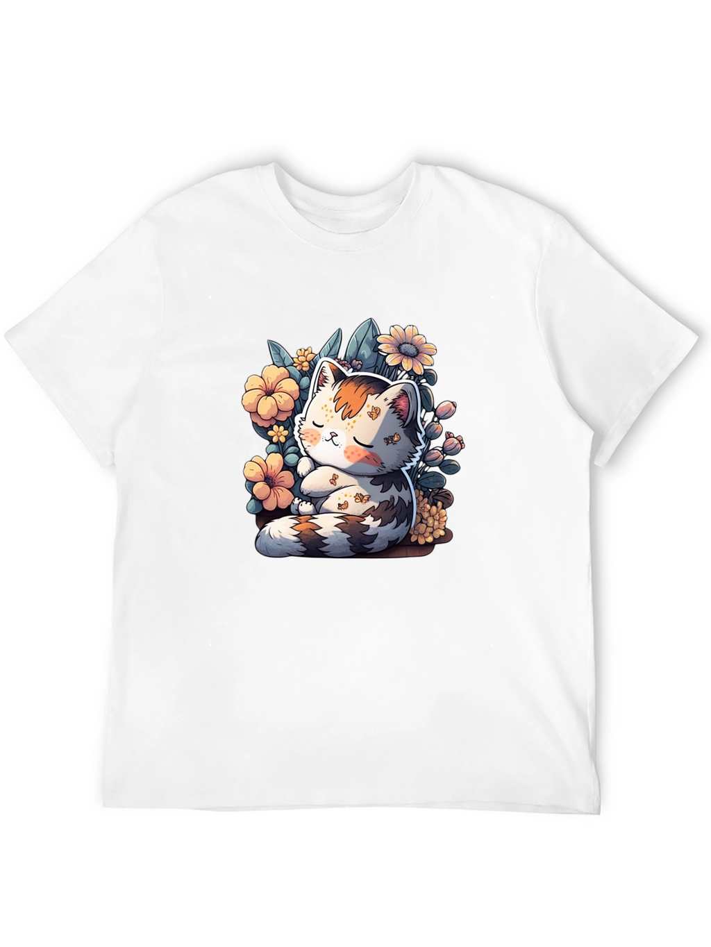 Cute Cat & Flowers Graphic Tee
