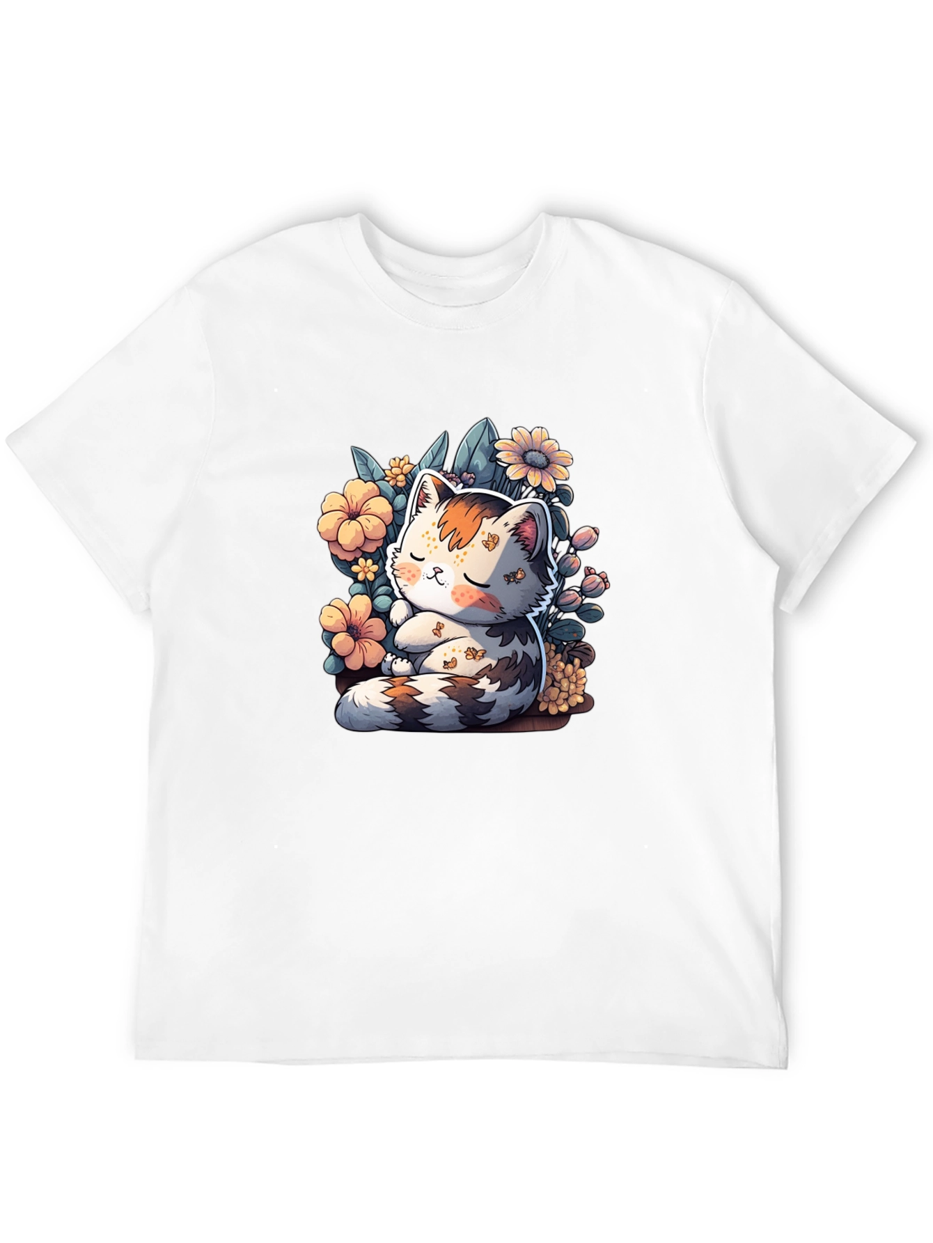Cute Cat & Flowers Graphic Tee