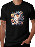 Cute Cat & Flowers Graphic Tee