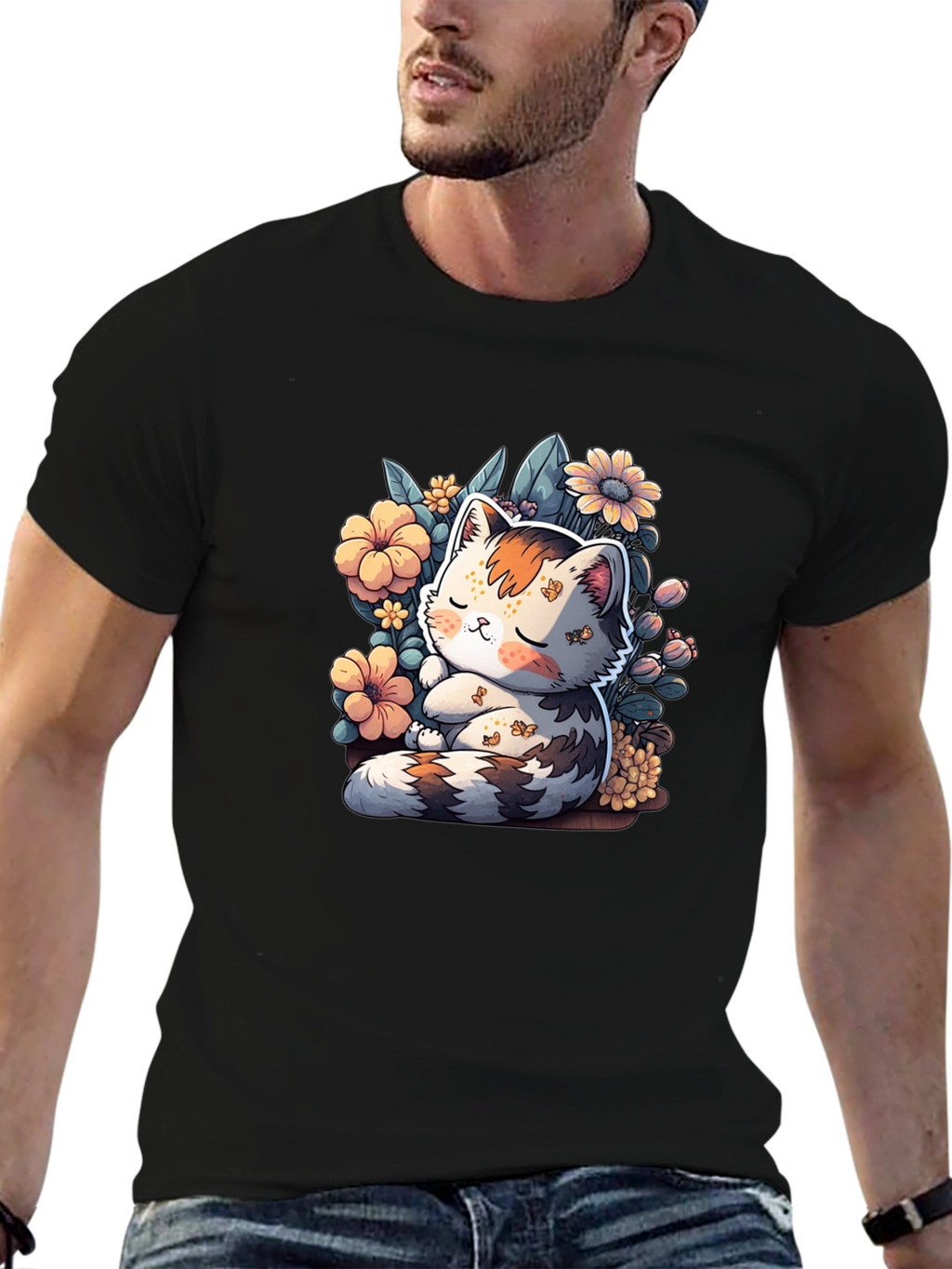 Cute Cat & Flowers Graphic Tee
