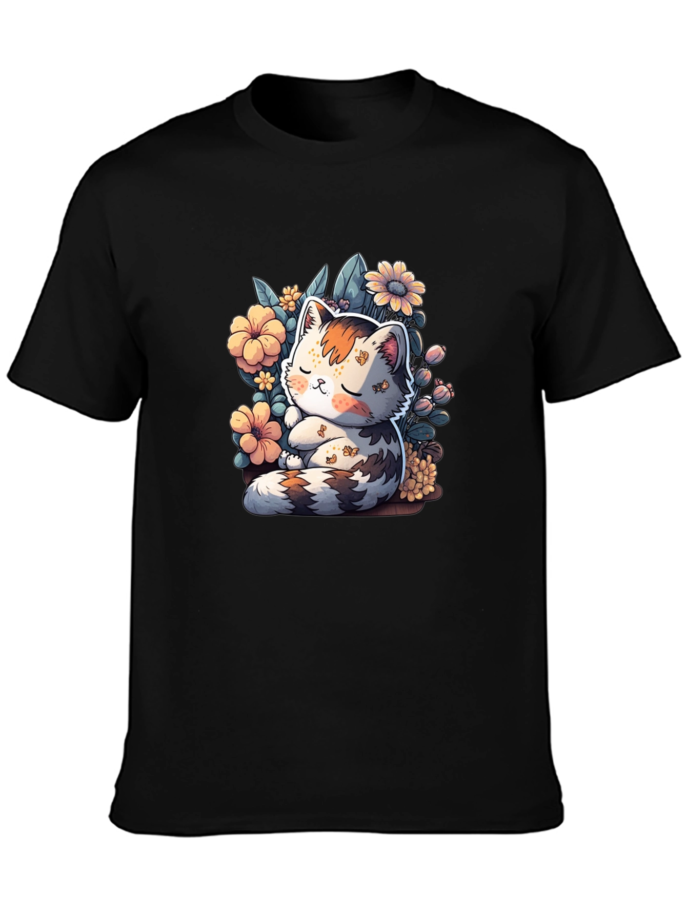 Cute Cat & Flowers Graphic Tee