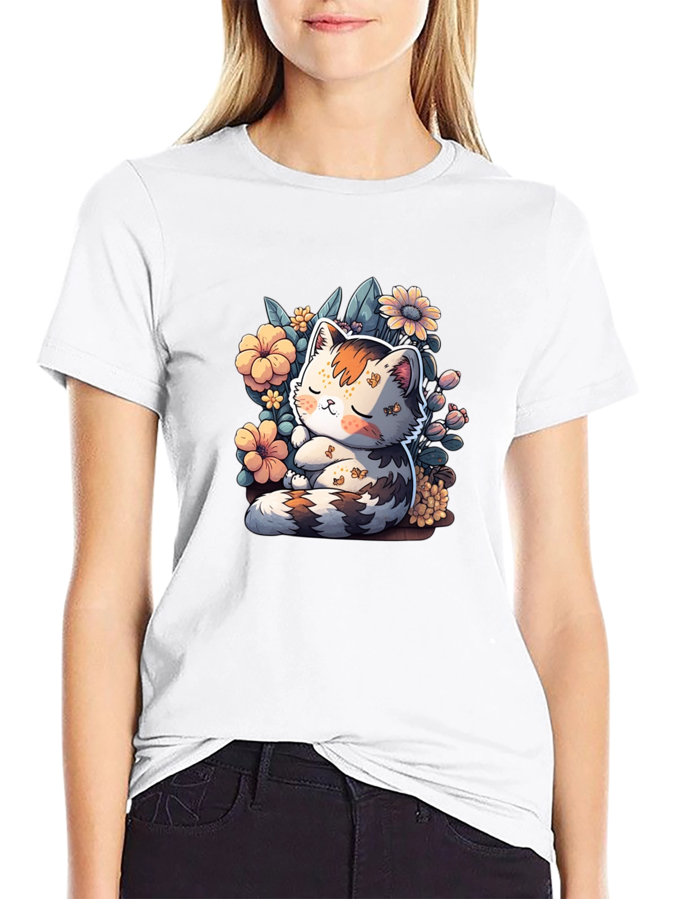 Cute Cat & Flowers Graphic Tee