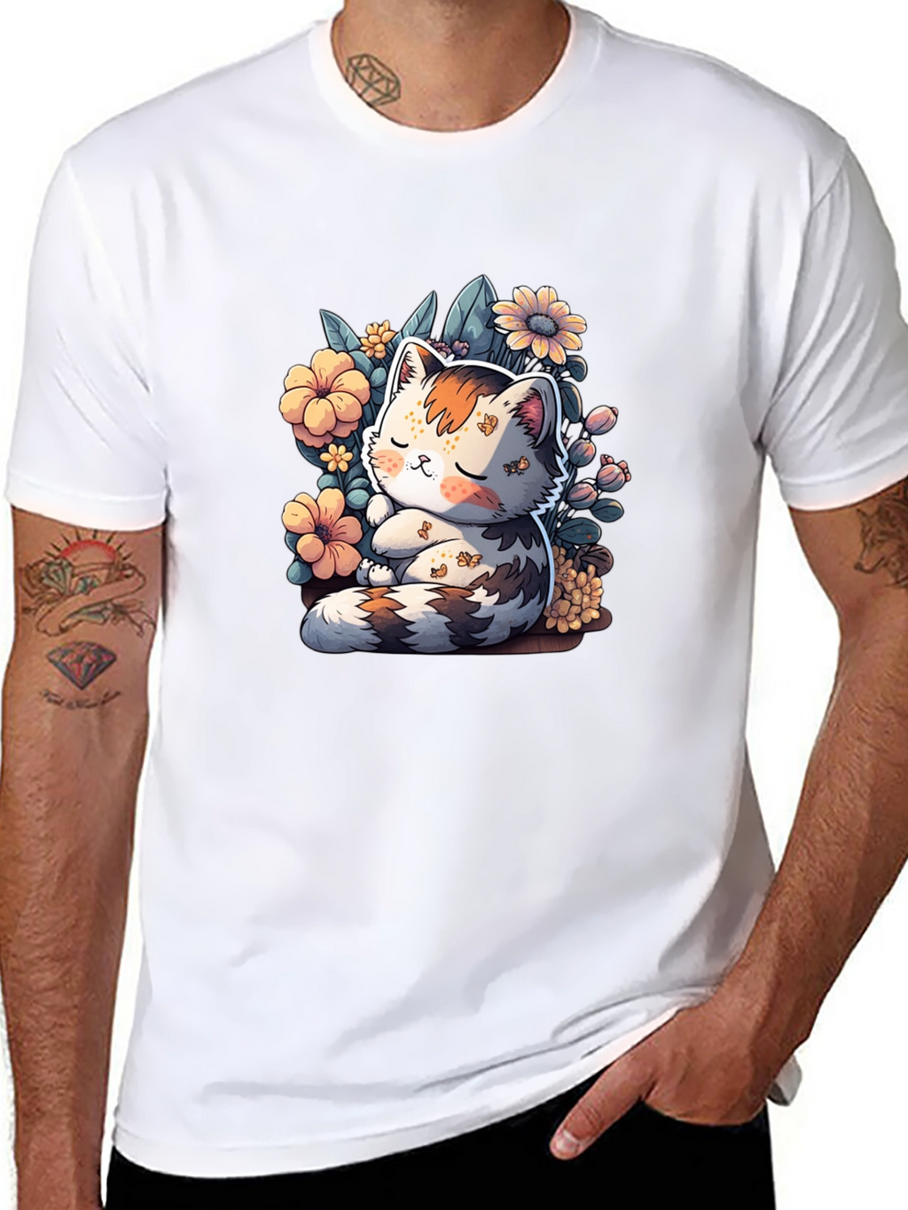 Cute Cat & Flowers Graphic Tee