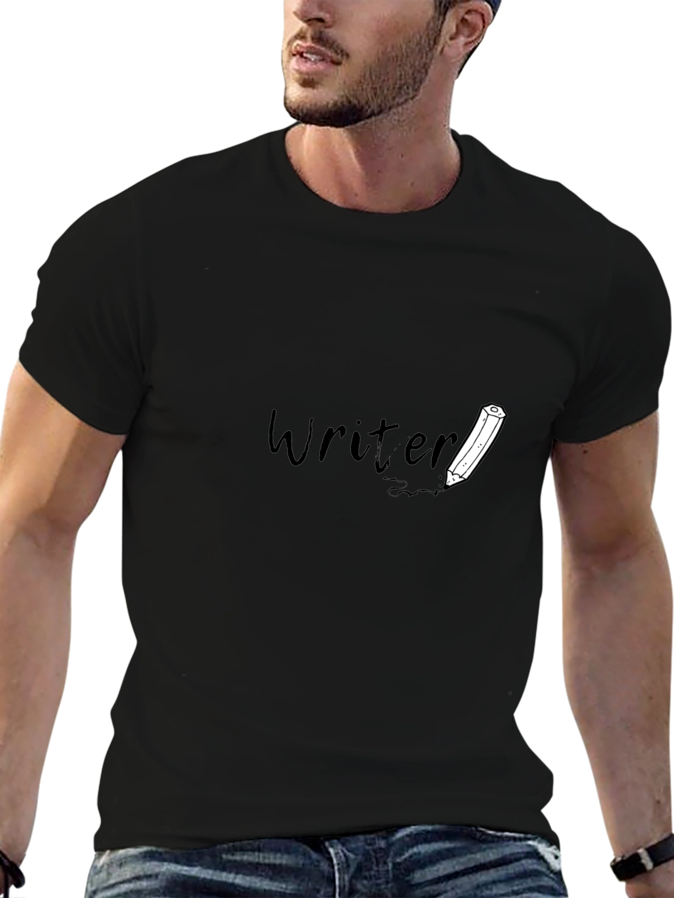Writer T-Shirt: Black Tee with Pencil Design