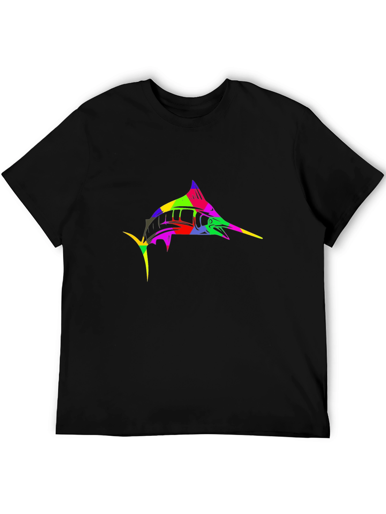 Colorful Marlin Graphic Tee - Black Cotton T-Shirt