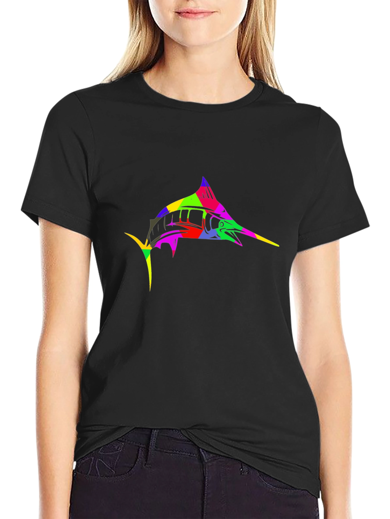 Colorful Marlin Graphic Tee - Black Cotton T-Shirt